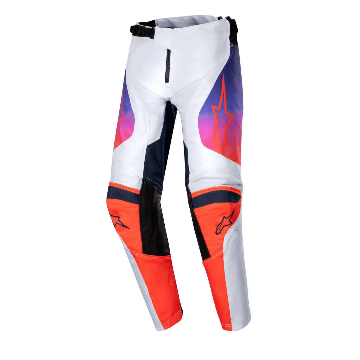 Alpinestars 2024 Youth Racer Hoen broek, motorcross broek, lichtgrijs, fel oranje en zwart, met opvallende oranje kniepanelen met zwarte logo's en paars-naar-oranje kleurverloop op de dijen, ergonomisch voorgevormd ontwerp voor off-road racing