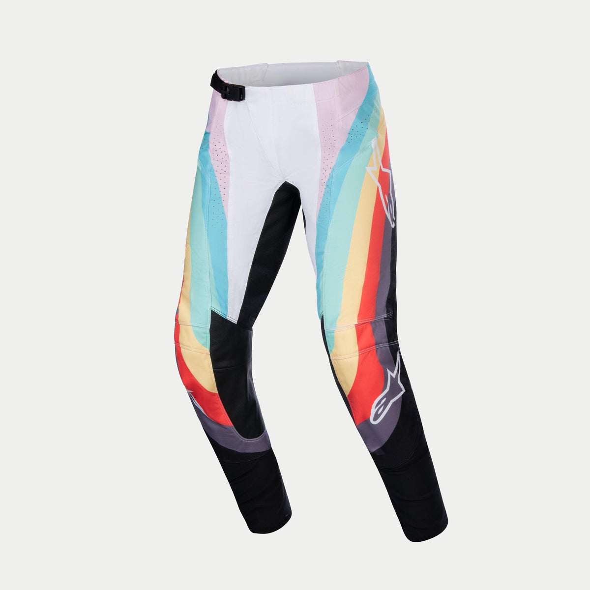 Alpinestars Stella 2024 Techstar dames crossbroek, motorcross broek, zwart multicolor met witte, teal, gele en rode grafische panelen, voorzien van een zwarte magnetische gesp in de taille, Alpinestars-logo's op de pijpen en geperforeerde zones voor ventilatie, ontworpen voor off-road racing