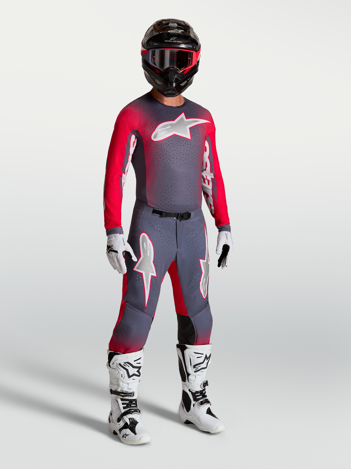 Alpinestars Supertech Hiten AFD jersey, motorcross-jersey in grijs en fluo rood met stretch-mesh en atletische pasvorm.