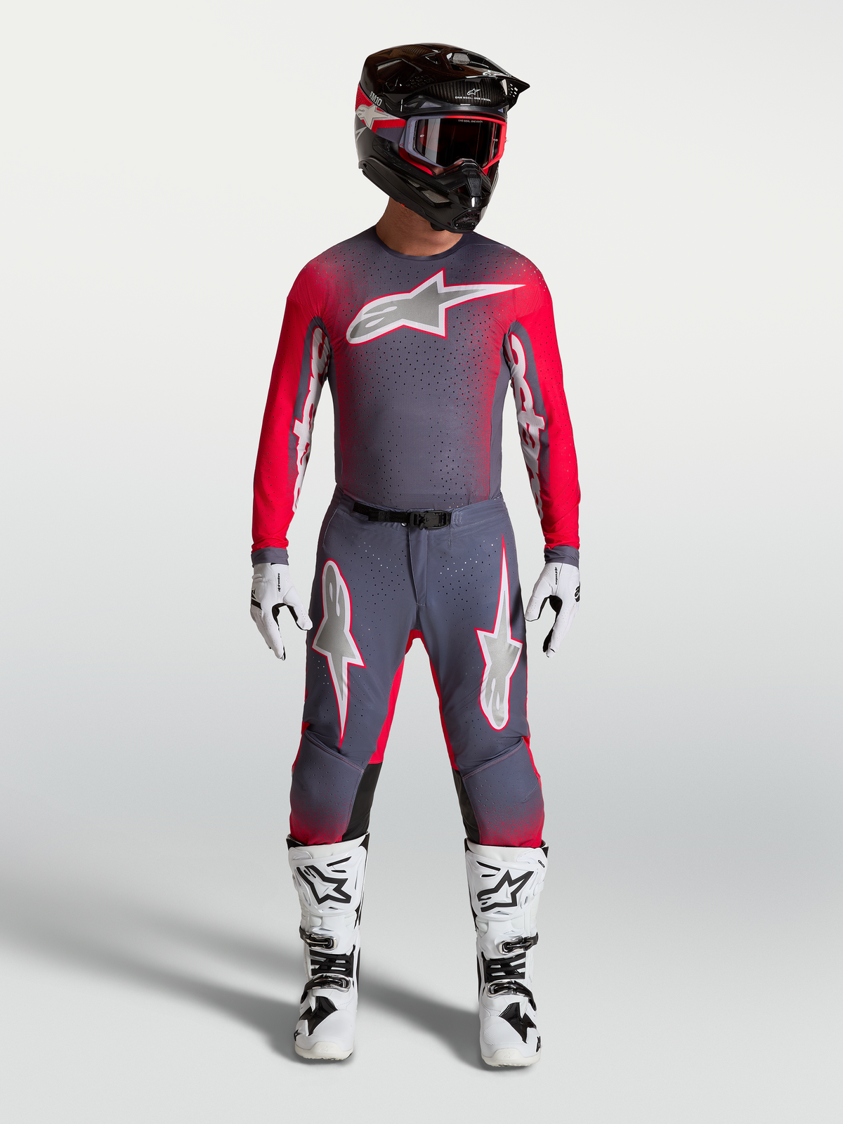 Alpinestars Supertech Hiten AFD jersey, heren motorcrossjersey, grijs en rood fluo, atletische pasvorm met ademende mesh.