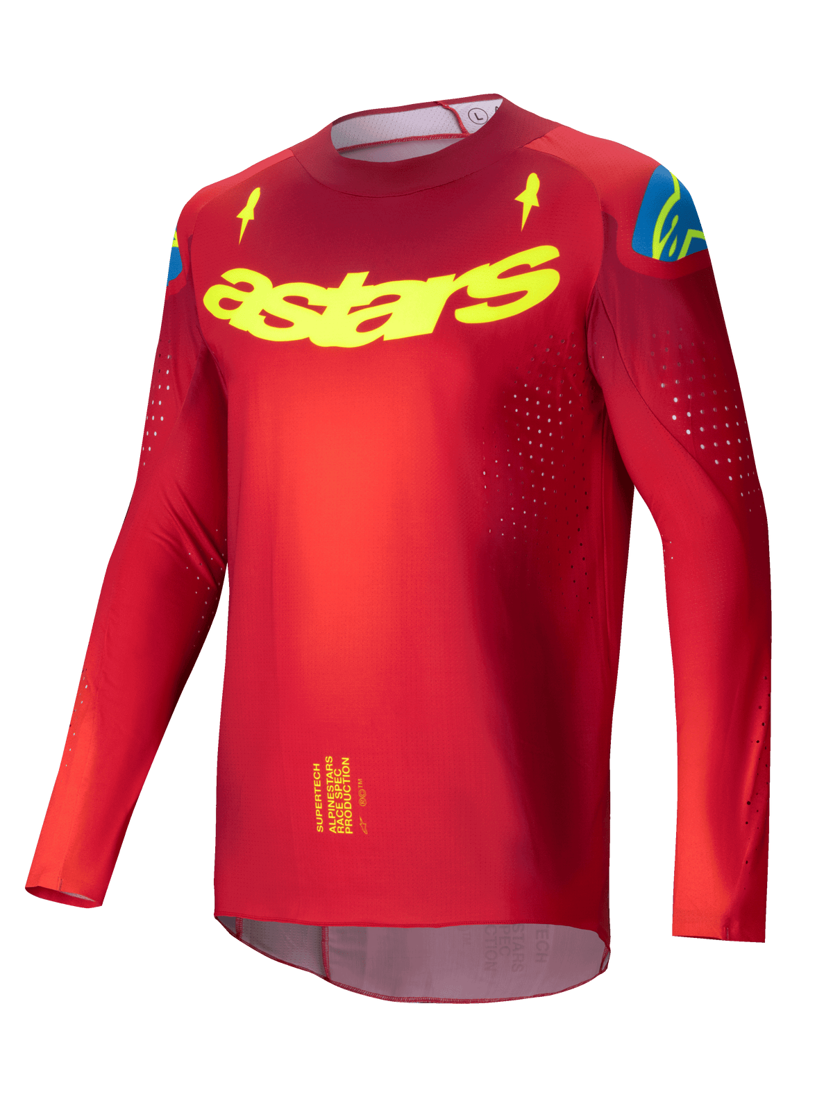 Alpinestars Supertech Maker Jersey 2025, rood en geel fluo motocross jersey met lange mouwen, geventileerd stretchmesh