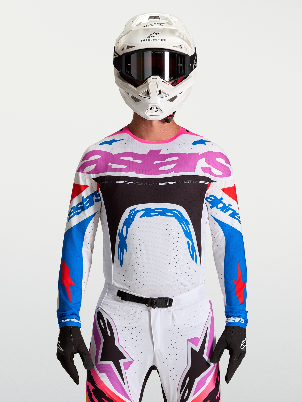 Alpinestars Supertech Dyna jersey, heren-motorcross racing top, wit en blauw, ademend lichtgewicht stretchmesh met lasergesneden perforaties.