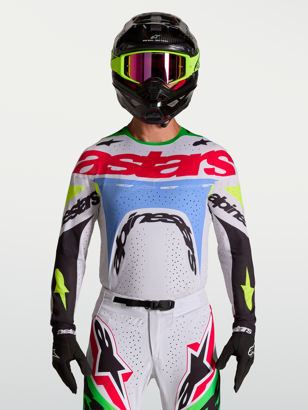 Alpinestars Supertech Dyna Jersey 2027, herenmotorcrossjersey, lichtlila en fluogroen, geventileerd stretchmesh.