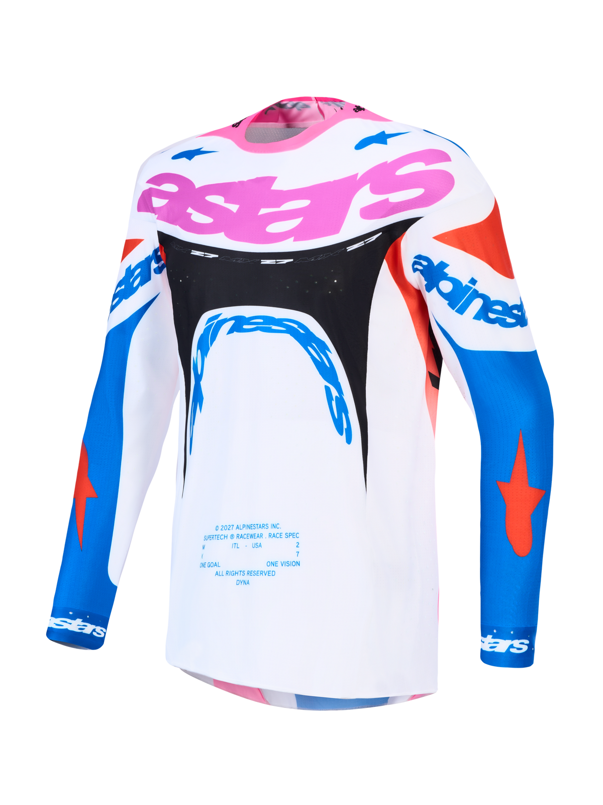 Alpinestars Supertech Dyna heren motorcrossjersey, wit en blauw met roze, van ademend stretchmesh.