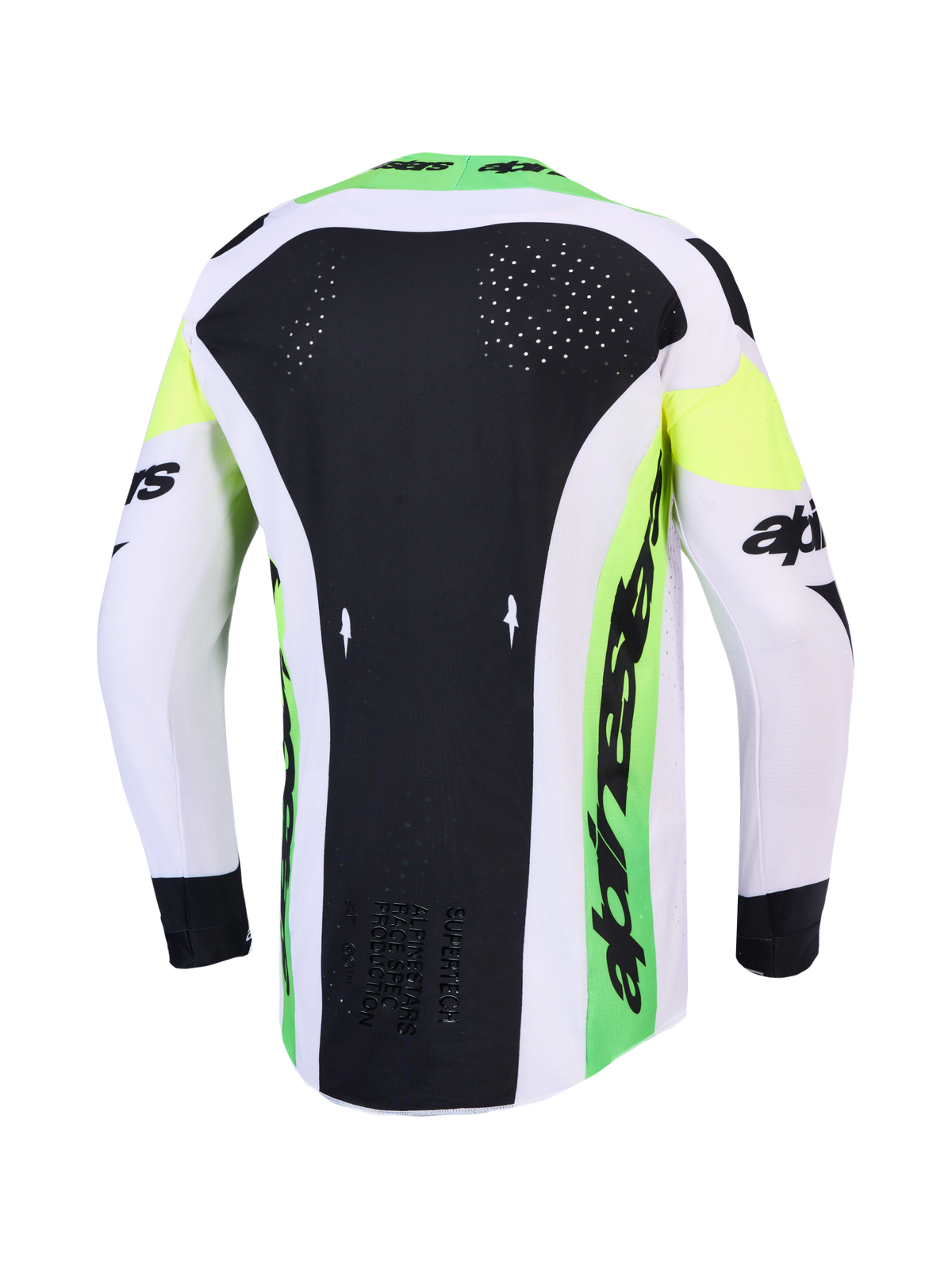 Alpinestars Supertech Dyna Jersey 2027 en Gear Set, groene en zwarte heren motorcrossjersey met lasergesneden rugventilatie.