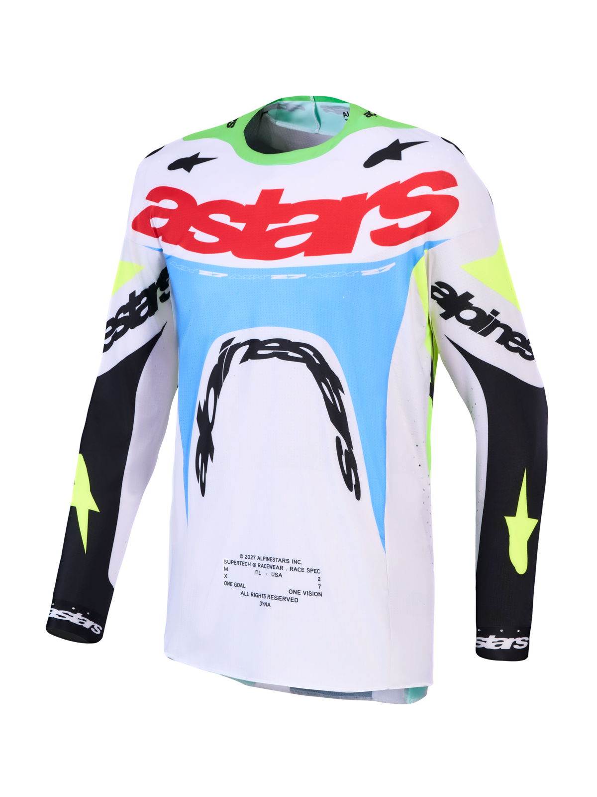 Alpinestars 2027 Supertech Dyna jersey, heren-motorcrossjersey in wit en fluo groen met atletische mesh-pasvorm.
