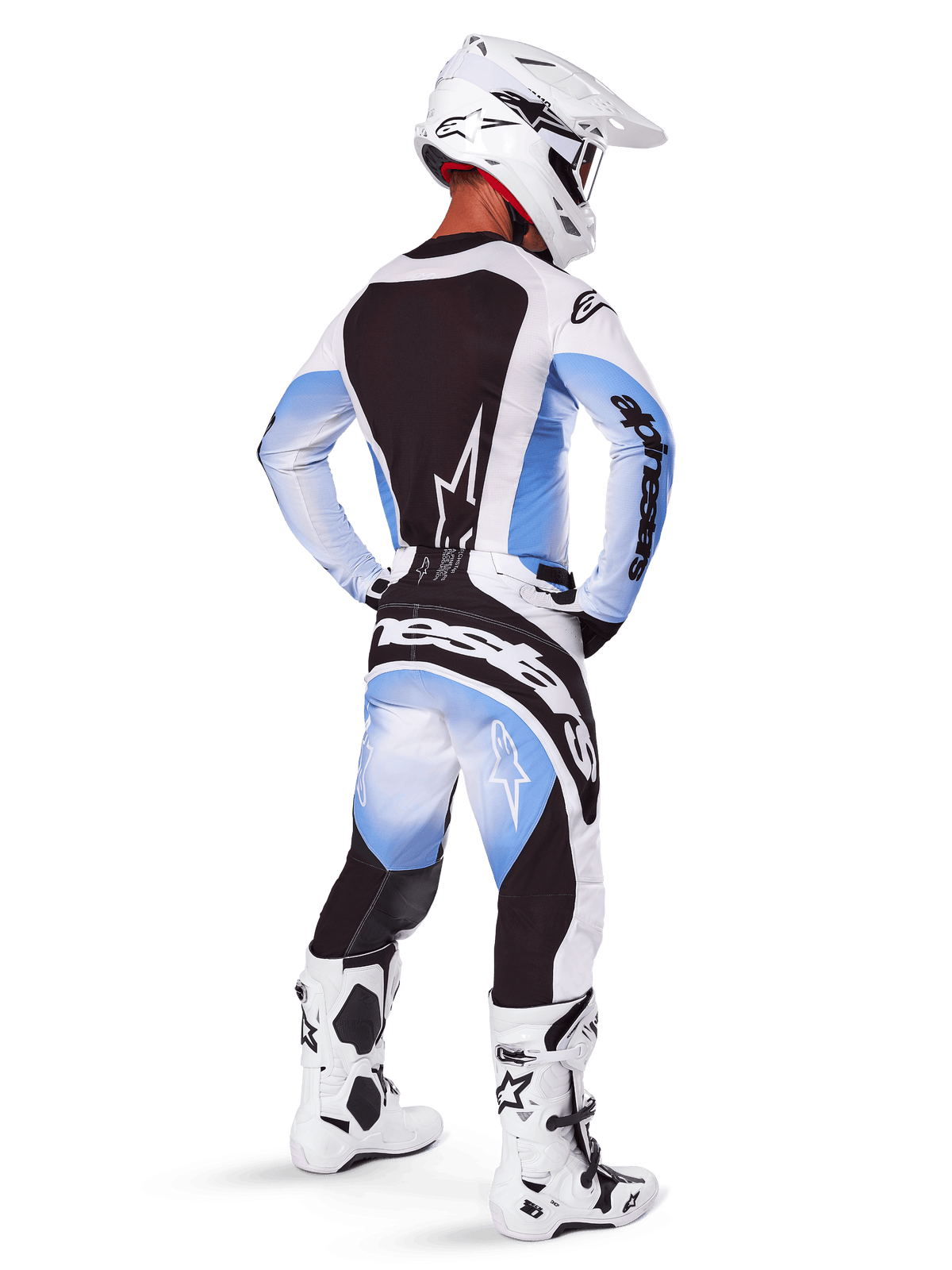 Alpinestars 2025 Techstar Melt Gear Set, complete motorcross outfit, wit en lichtblauw jersey met zwart rugpaneel, bijpassende broek met blauw kleurverloop en zwarte accenten, witte helm en wit-zwarte laarzen, professionele uitrusting voor off-road
