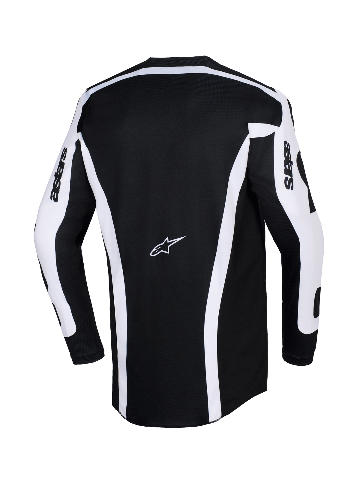 Alpinestars 2026 Racer Riway Jersey, motocross shirt, wit en zwart, achteraanzicht met zwart ontwerp, witte verticale strepen en mouwpanelen, Astars-logo midden op de rug, 'astars'-tekst op de mouwen, verlengde achterzijde voor extra bedekking tijdens het off-road rijden