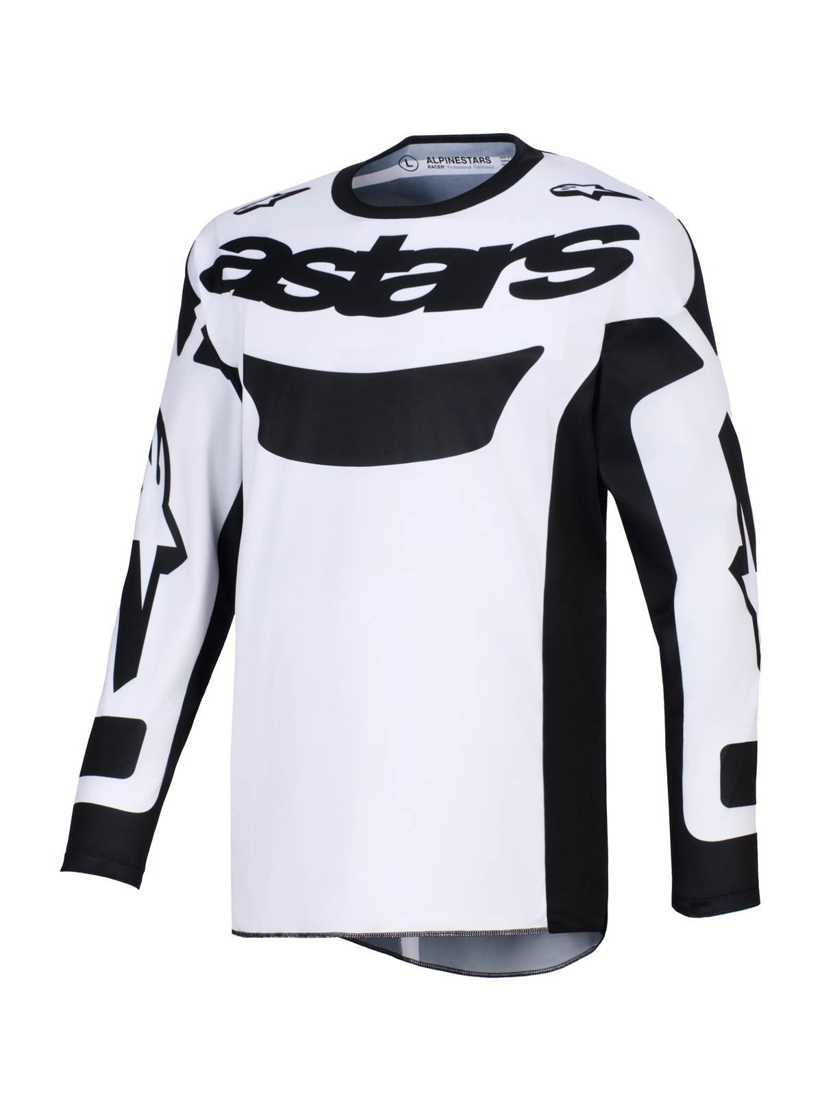 Alpinestars 2026 Racer Riway Jersey, motorcross jersey, wit en zwart, met opvallende zwarte 'astars' branding op de borst, vochtafvoerend polyfabric en ergonomische racepasvorm voor off-road rijden