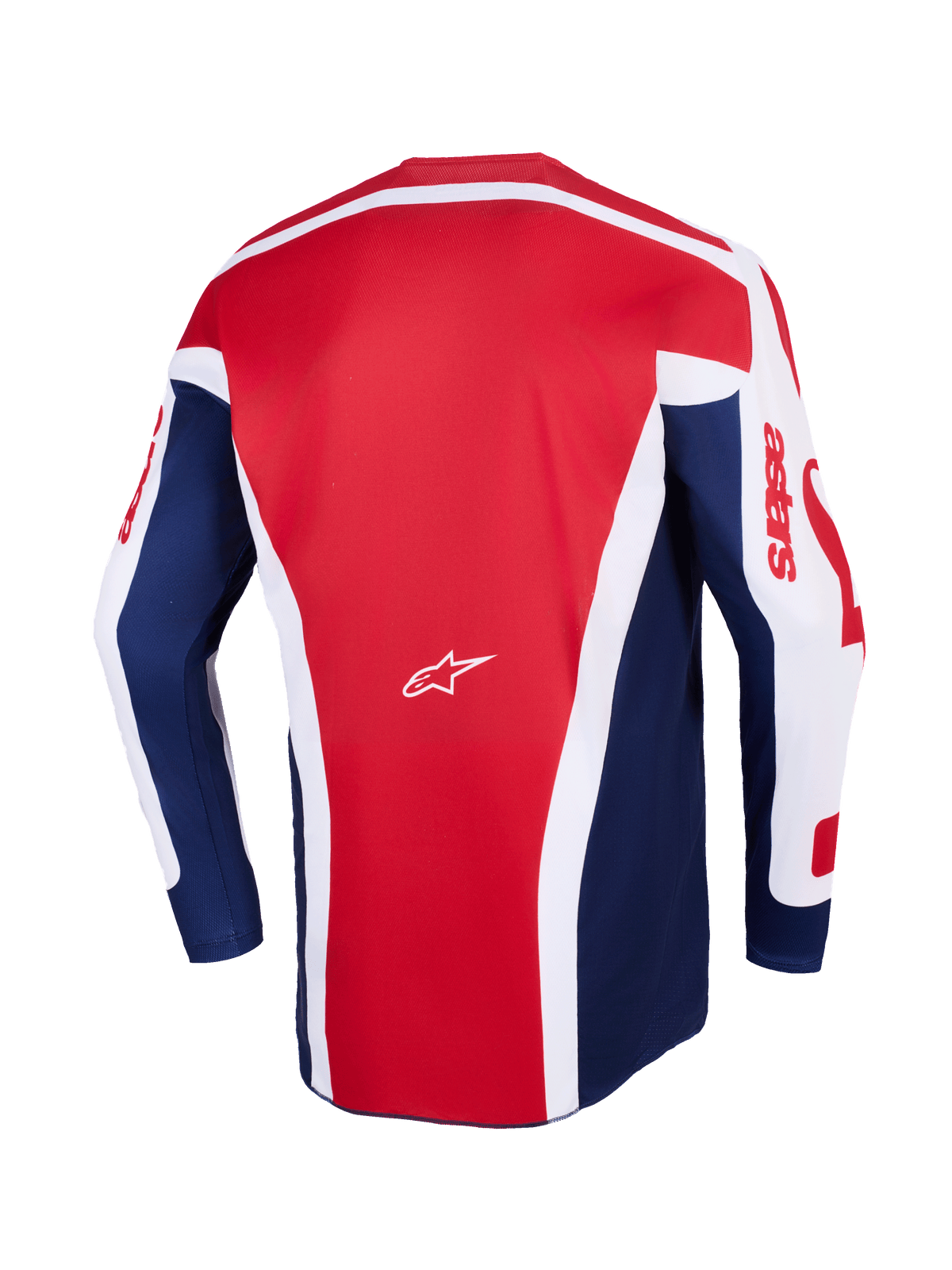 Alpinestars 2026 Racer Riway Jersey, motorcross jersey, wit blauw rood, achteraanzicht met een groot rood middenpaneel met witte hoekige accenten, blauwe zijpanelen en witte mouwen met rode astars-branding, met een klein wit Alpinestars-logo in het midden