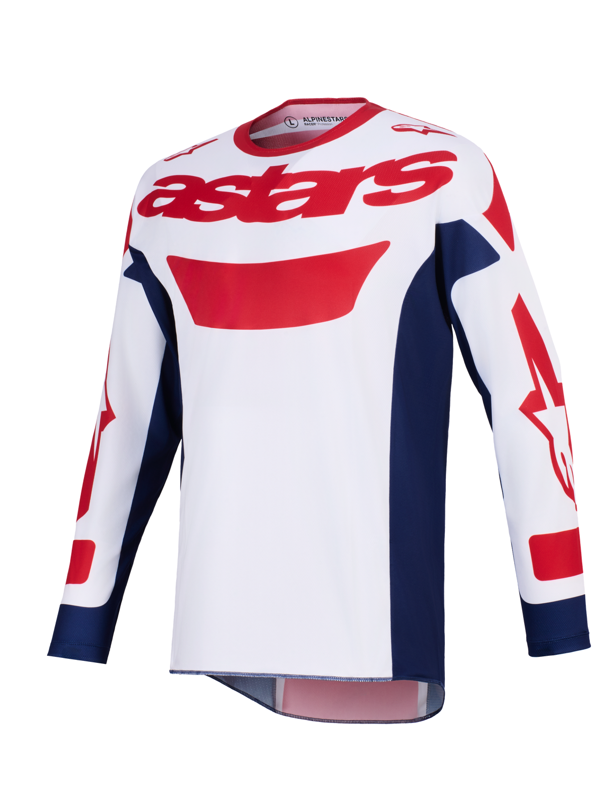 Alpinestars 2026 Racer Riway Jersey, motocross shirt, wit, blauw en rood, rood astars-logo op de borst, marineblauwe zijpanelen, lange mouwen met rode graphics, performance off-road rijkleding