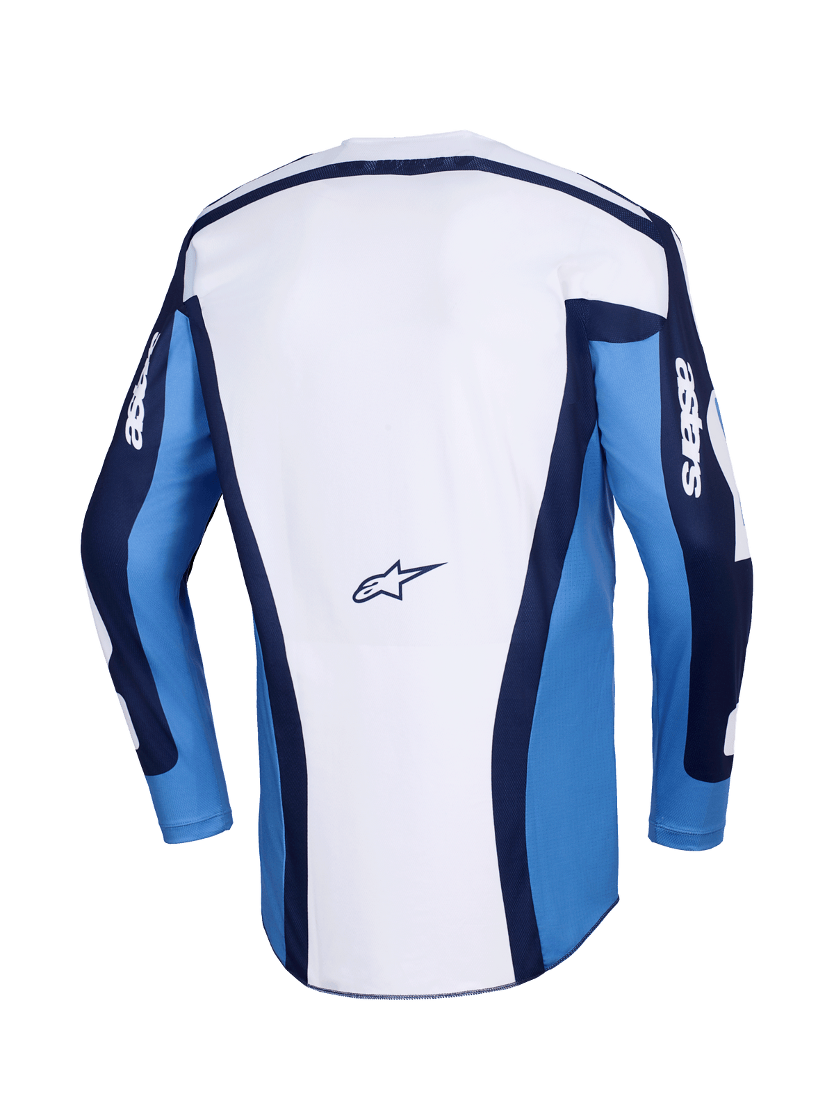 Alpinestars 2026 Racer Riway Jersey, motorcross shirt, UCLA Blue and White, achteraanzicht met een wit hoofdpaneel, blauwe mouwen en donkerblauwe accenten, klein Alpinestars-logo op de onderrug, atletische pasvorm voor off-road racen