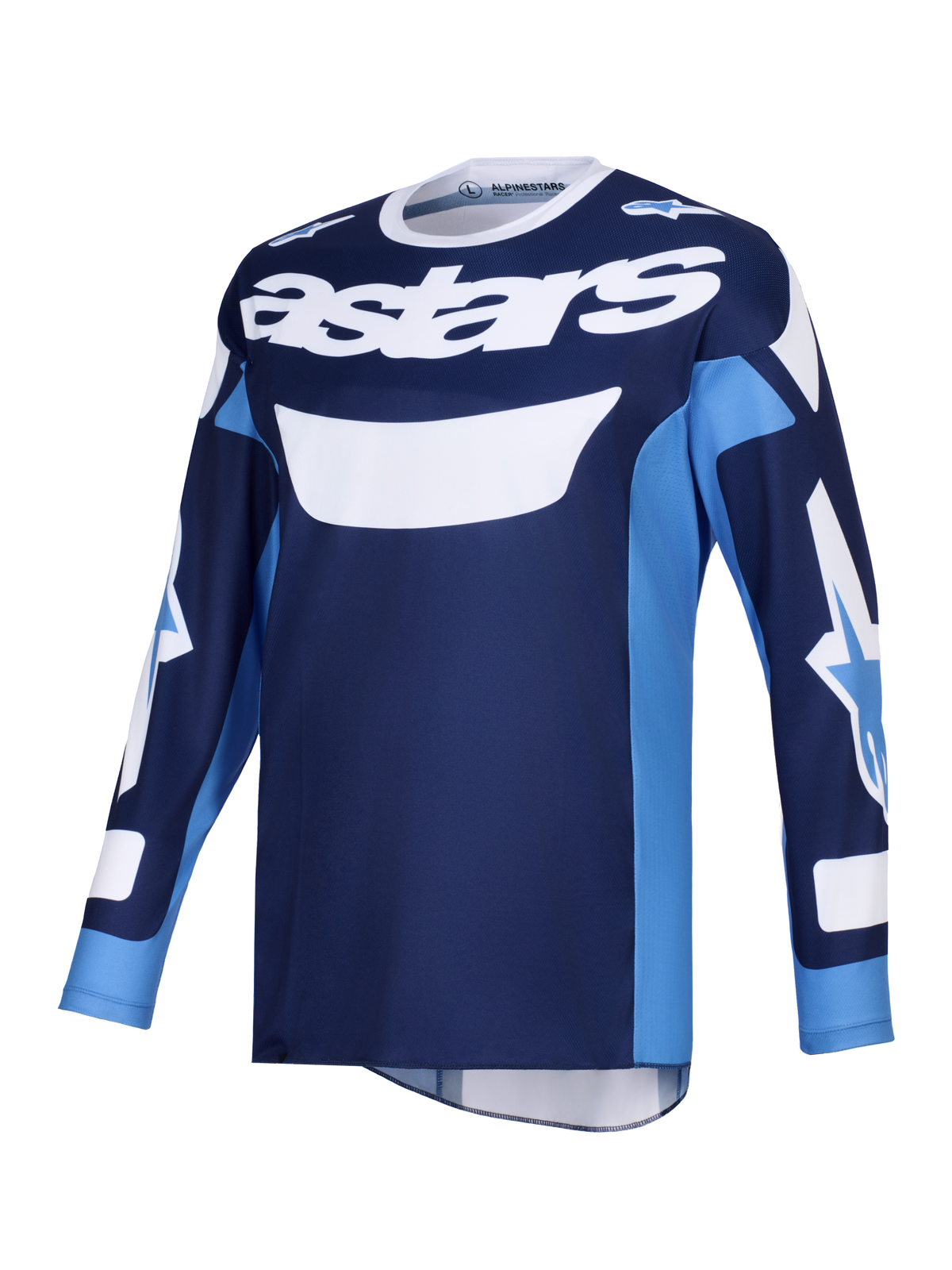 Alpinestars 2026 Racer Riway Jersey, motorcross jersey, Ucla Blue en wit, met opvallend wit 'astars'-logo op de borst, ontwerp met lange mouwen en logo's op de mouwen, lichtgewicht polyfabric en vochtafvoerende constructie voor off-road rijden