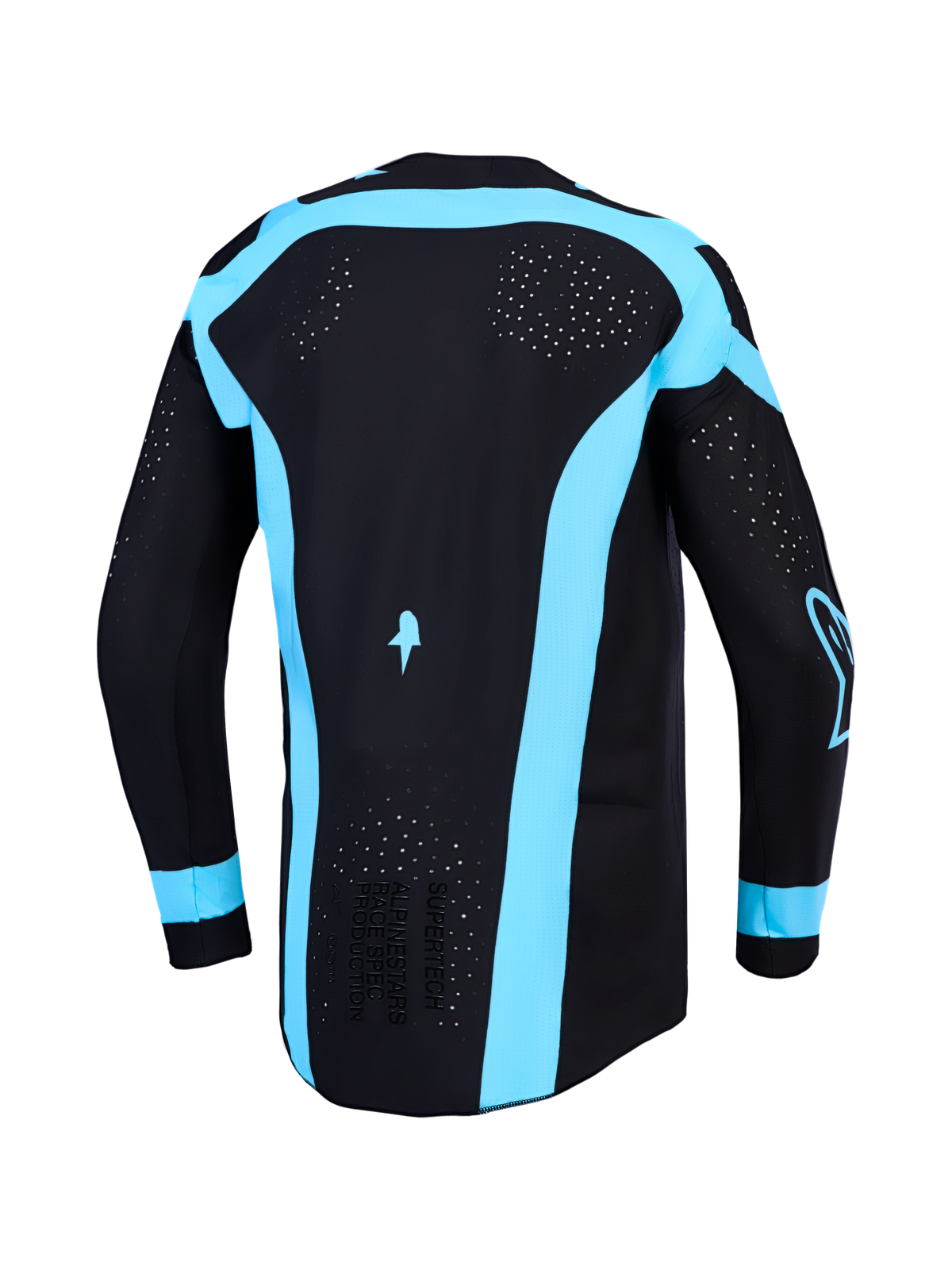 Alpinestars Supertech Vesta jersey, motorcrossjersey voor heren, zwart en turquoise, met lasergesneden ventilatie op de rug.
