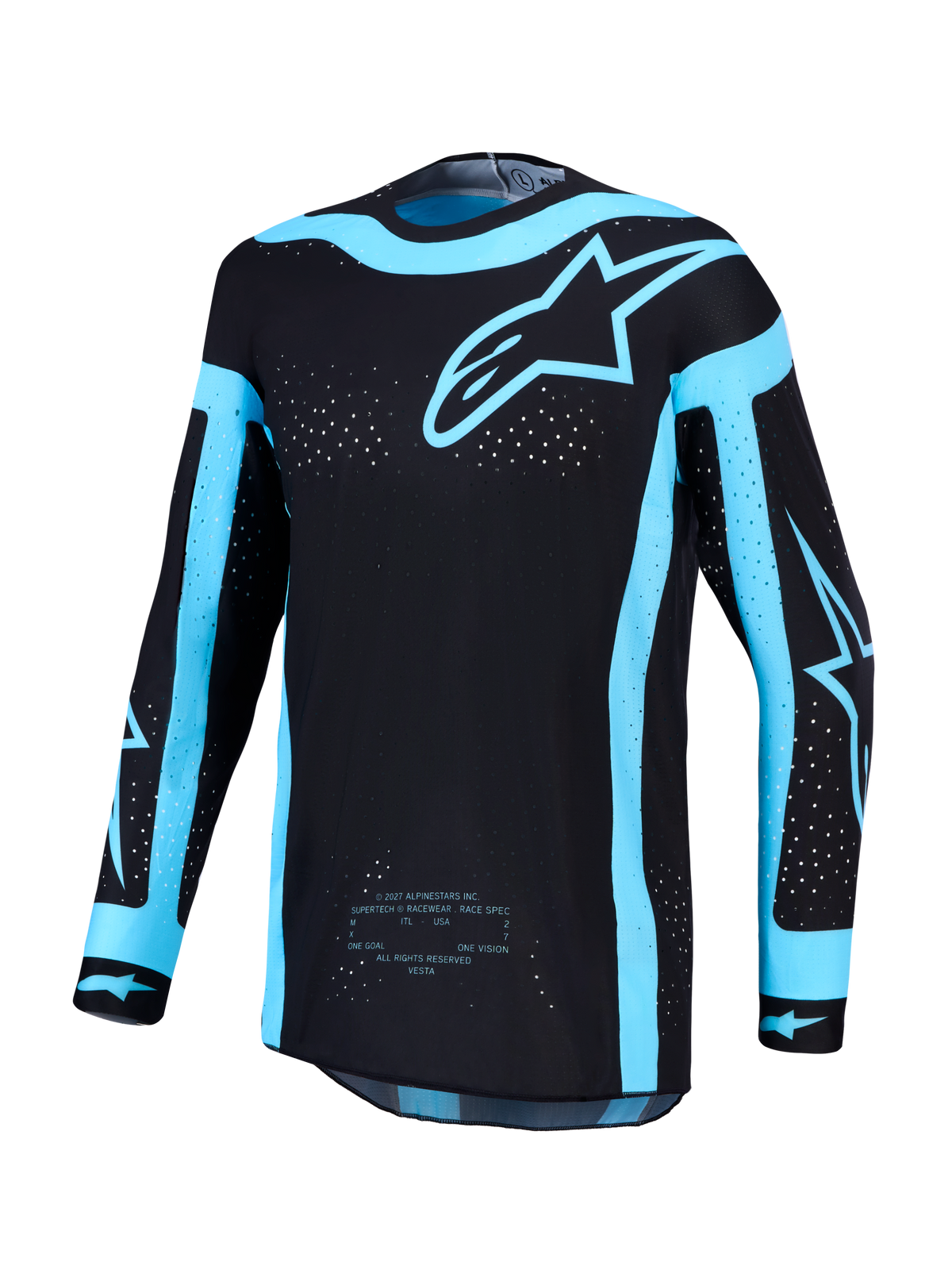Alpinestars Supertech Vesta Jersey en Gear Set, herenmotorcrossjersey in zwart en turquoise met lasergesneden ventilatie.