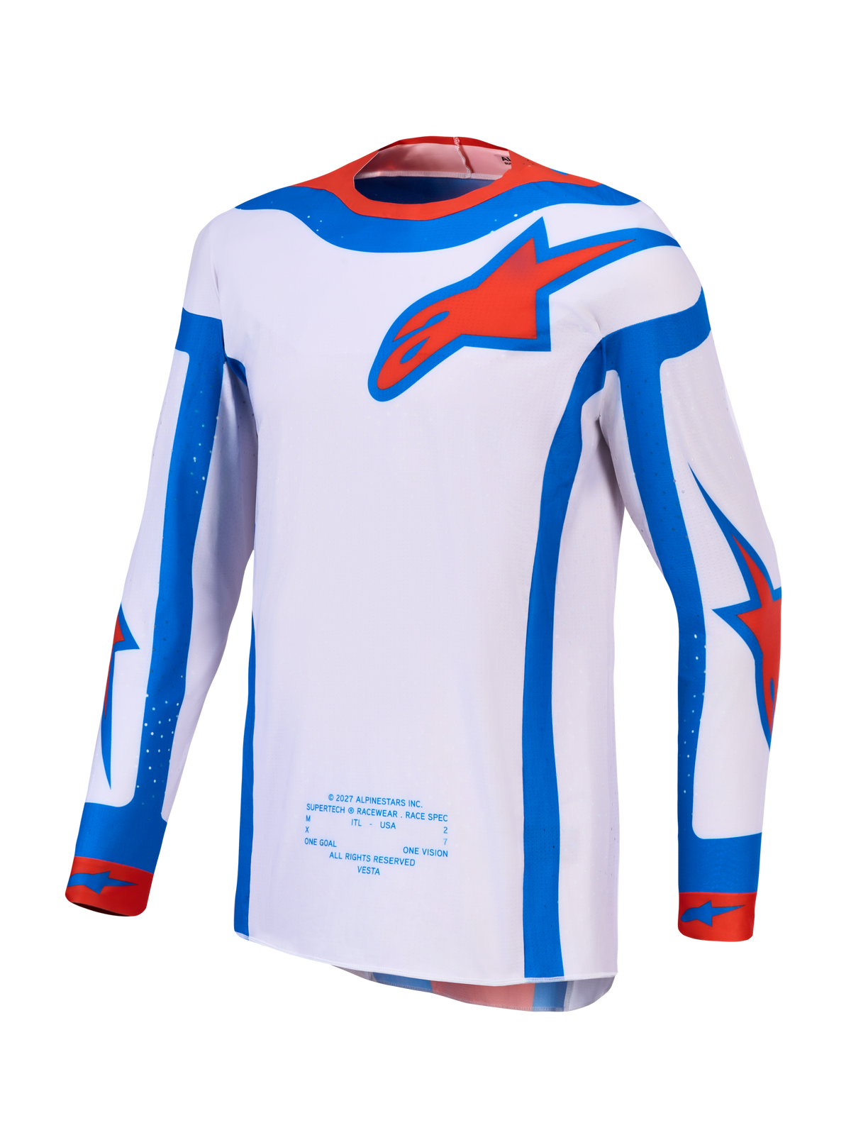 Alpinestars Supertech Vesta Jersey en Gear Set, motorcrossjersey voor heren in lichtlila en rood met atletische pasvorm.