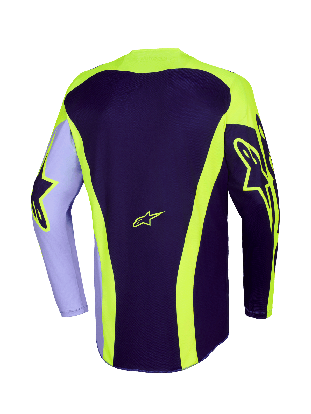 Alpinestars 2026 Racer Portl Jersey, motocross shirt, paars en fluoriserend geel, achteraanzicht met neongele Astar-logo's op de mouwen en rug, gebogen strepen en een langere achterzoom voor off-road racen.