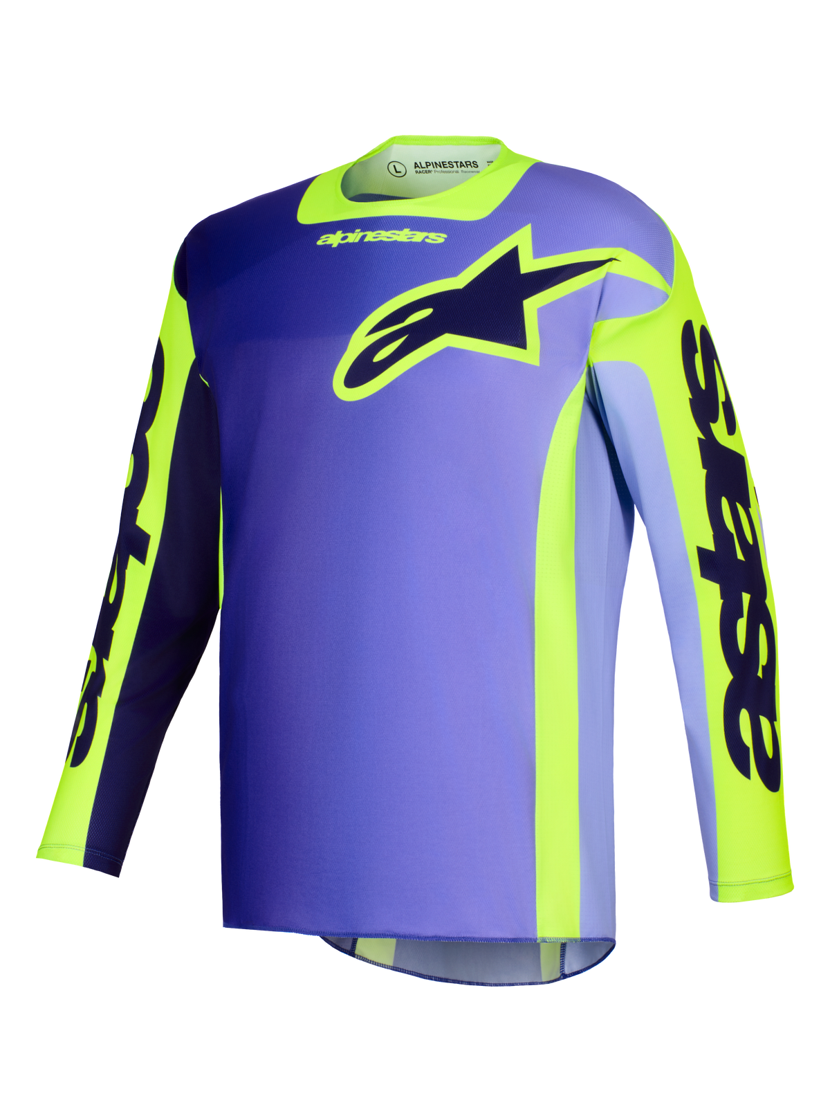 Alpinestars 2026 Racer Portl Jersey, motocross shirt, paars en fluo geel, voorzien van een paars kleurverloop met opvallende gele accenten, een groot Alpinestars sterlogo op de borst en 'astars' branding op de mouwen.
