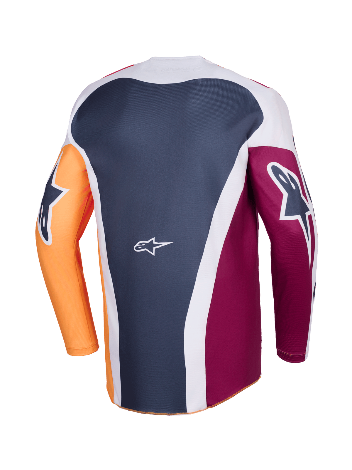 Alpinestars 2026 Racer Portl Jersey, motorcross shirt, rood, oranje en donkergrijs, achteraanzicht met meerpanelenconstructie, wit Alpinestars-logo op de onderrug, opvallende grafische logo's op de lange mouwen, hoogwaardige uitrusting voor off-road rijden