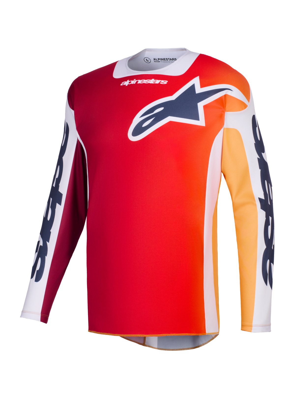 Alpinestars 2026 Racer Portl Jersey, motorcross jersey, rood met oranje en geel kleurverloop, donkerblauw Astar-logo op de borst, witte mouwpanelen met opvallende Alpinestars-branding, technische kleding voor off-road racen