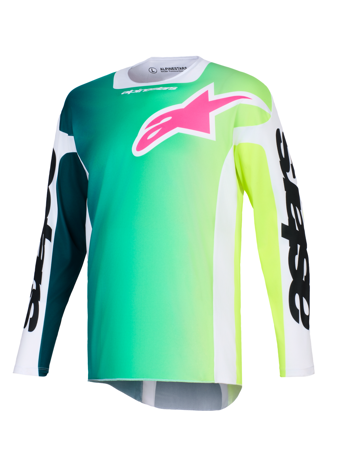 Alpinestars 2026 Racer Portl Jersey, motorcross shirt, groen en geel kleurverloop, opvallend roze logo op de borst, witte mouwen met dikke zwarte Alpinestars-tekst, lichtgewicht prestatiestof voor off-road rijden