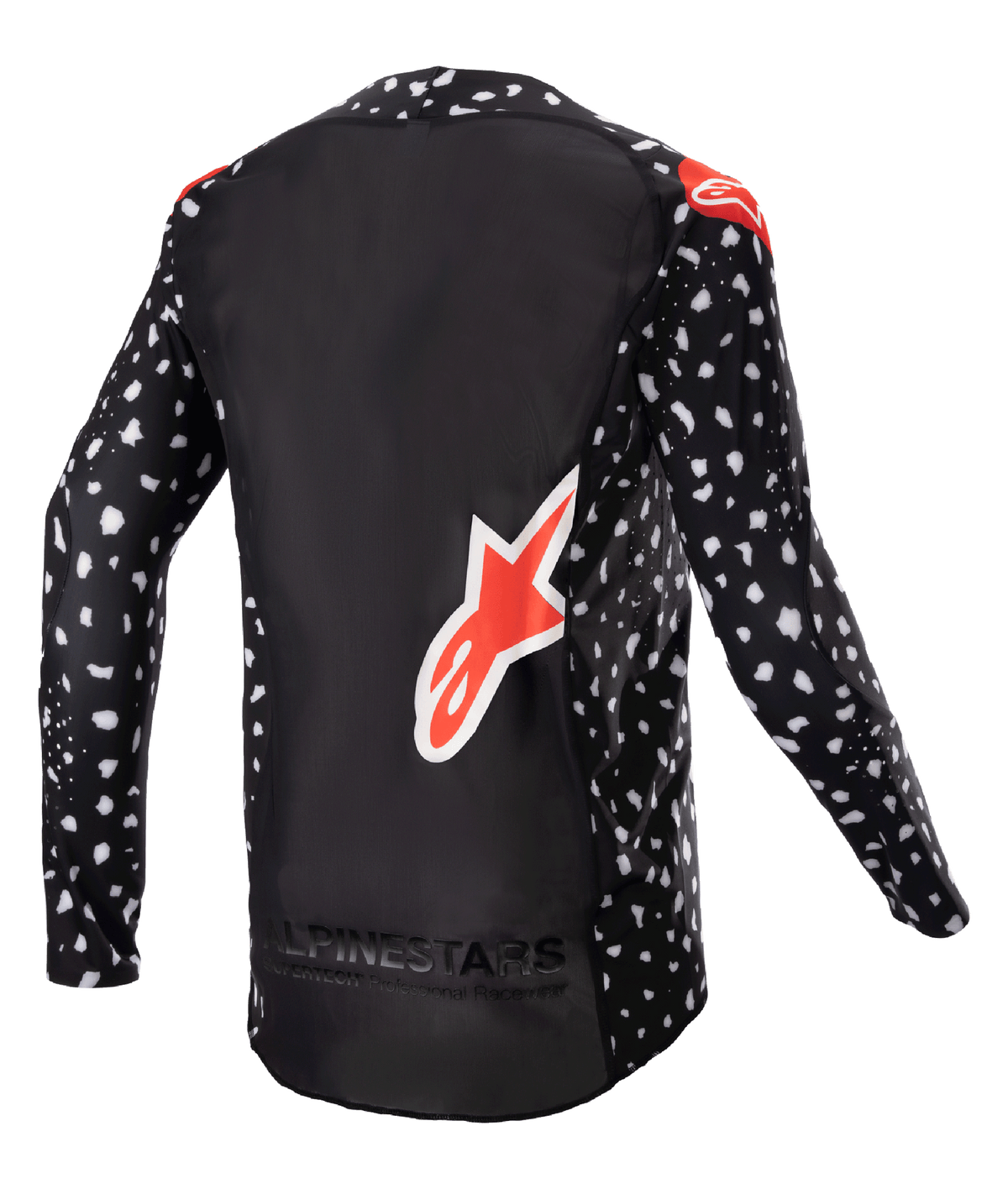 Alpinestars 2023 Supertech North Jersey, motocross jersey, zwart met wit gespikkeld patroon en neonrode accenten, achteraanzicht met groot rood Alpinestars-logo en branding aan de onderkant, professionele off-road race-uitrusting