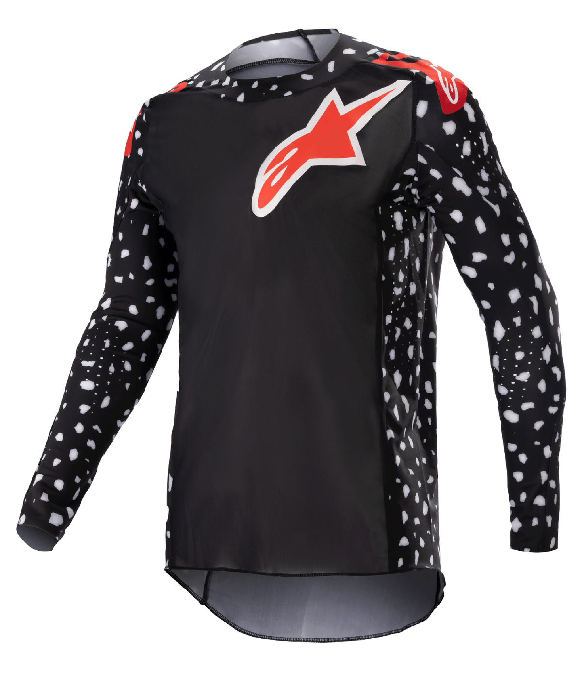 Alpinestars 2023 Supertech North Jersey, motocross shirt, zwart en neonrood, lange mouwen met wit spikkelpatroon, rood-witte sterlogo's op borst en schouders, lichtgewicht performance mesh met atletische race-pasvorm