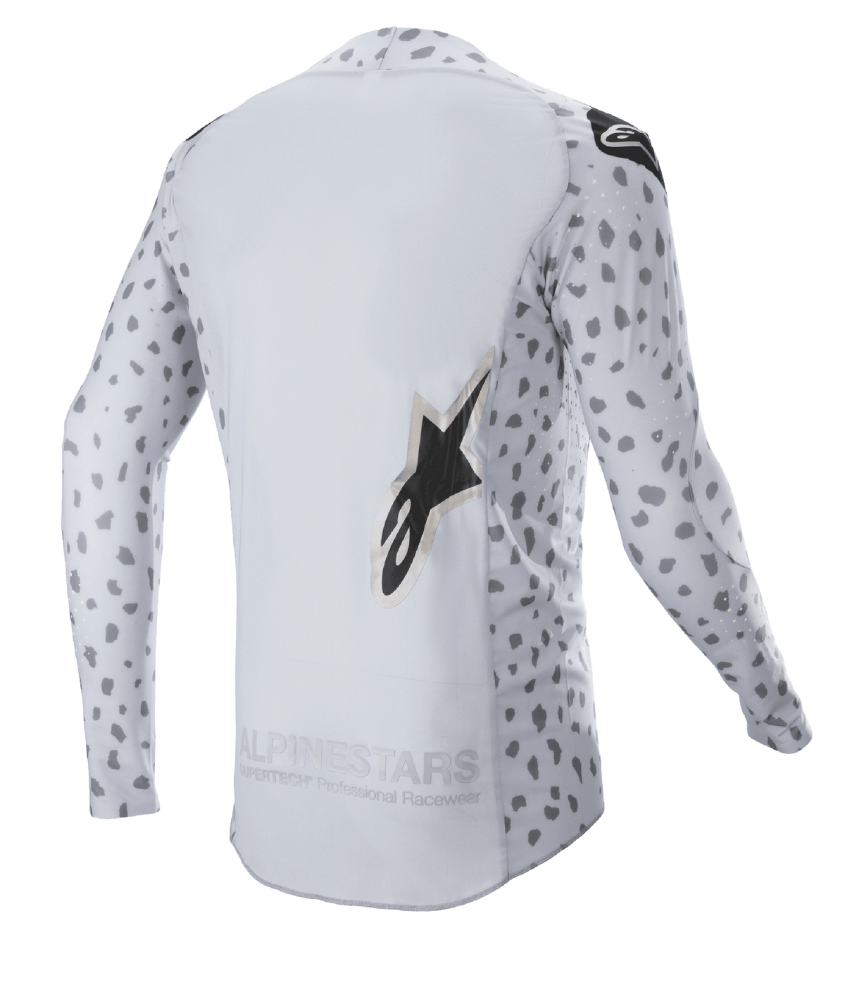 Alpinestars 2023 Supertech North Jersey, motocross jersey, Haze Gray en zwart, achteraanzicht met een abstract gevlekt patroon op de mouwen en zijkanten, groot sterlogo, verlengd rugpand en ademende performance-constructie