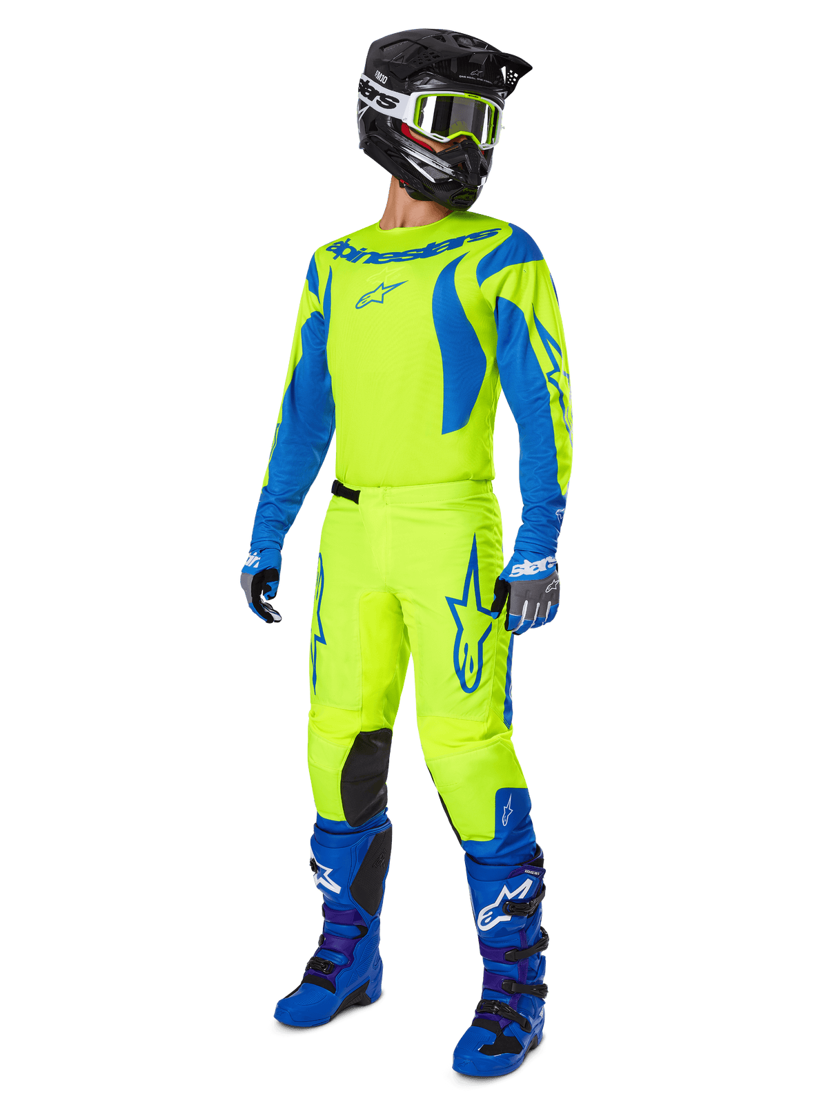 Alpinestars 2025 Fluid Haul Gear Set, full motocross racing gear with Yellow Fluo and Blue jersey and pants, black helmet, blue gloves, and blue off-road boots, high-visibility coordinated outfit for motocross and enduro.