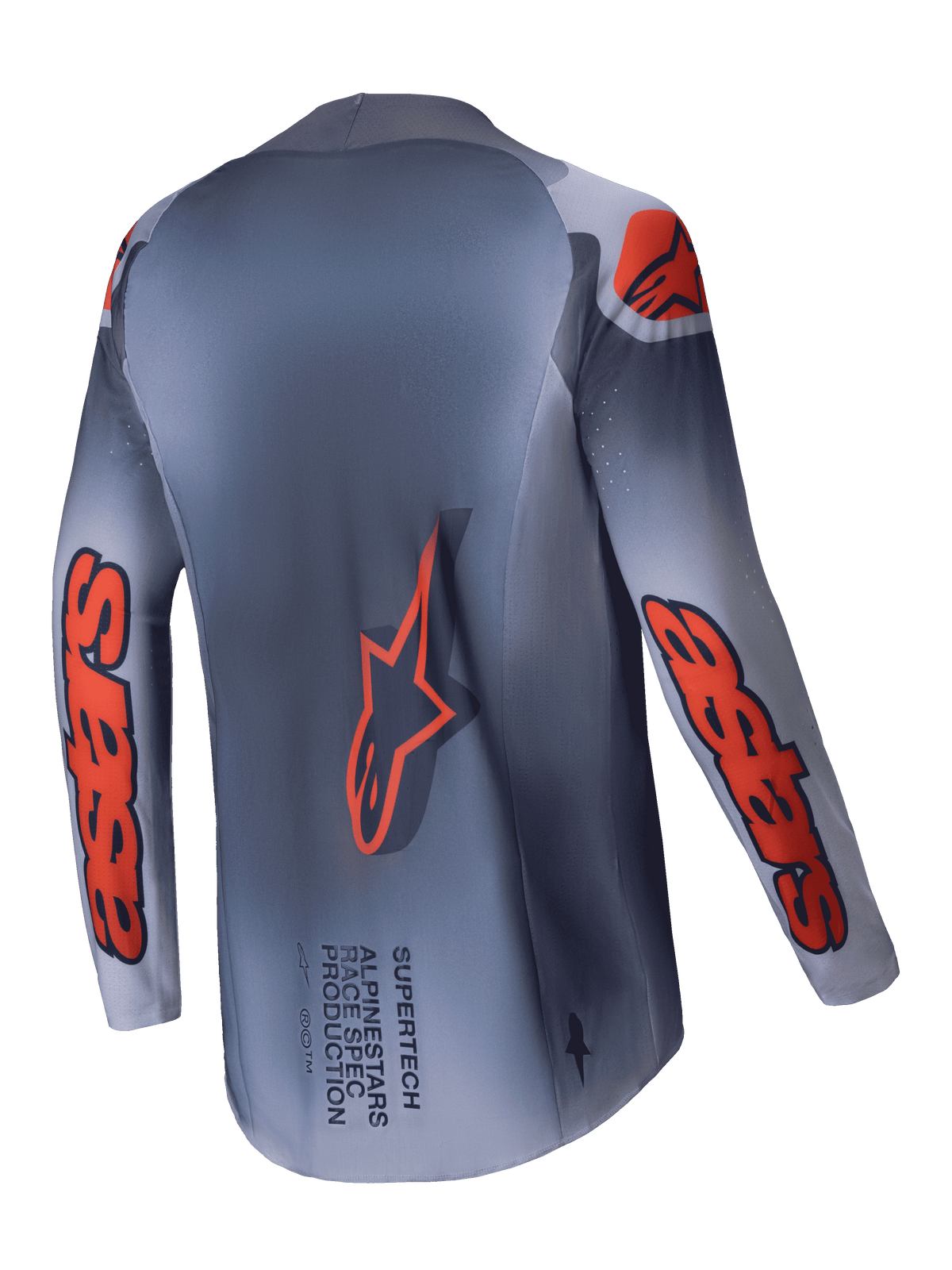 Alpinestars Supertech Lipan Jersey 2025, heren motocrossracing jersey, grijs en fluorescerend oranje, achterkant met verlengd achterpand en brandingdetails