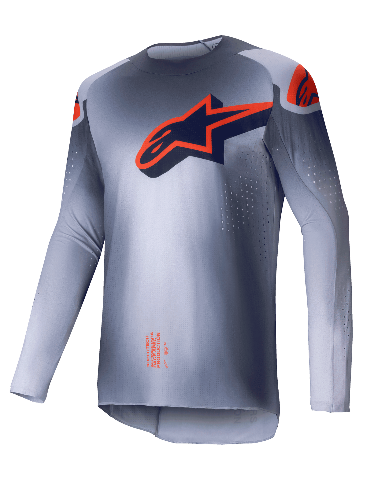 Alpinestars Supertech Lipan Jersey, heren motorcross jersey, grijs en oranje fluo, ultralichte atletische racefit met laser-gesneden ventilatieperforaties
