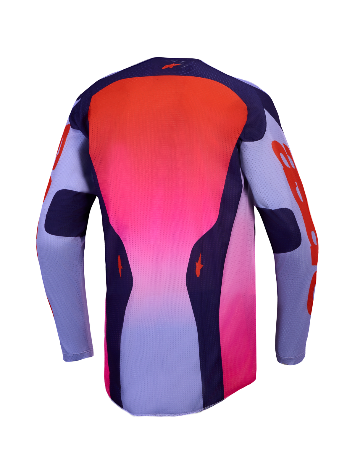 Alpinestars 2027 Racer Air Hunt jersey, geventileerde motocrossjersey, paars en rood kleurverloop, ademend mesh, achterzijde.