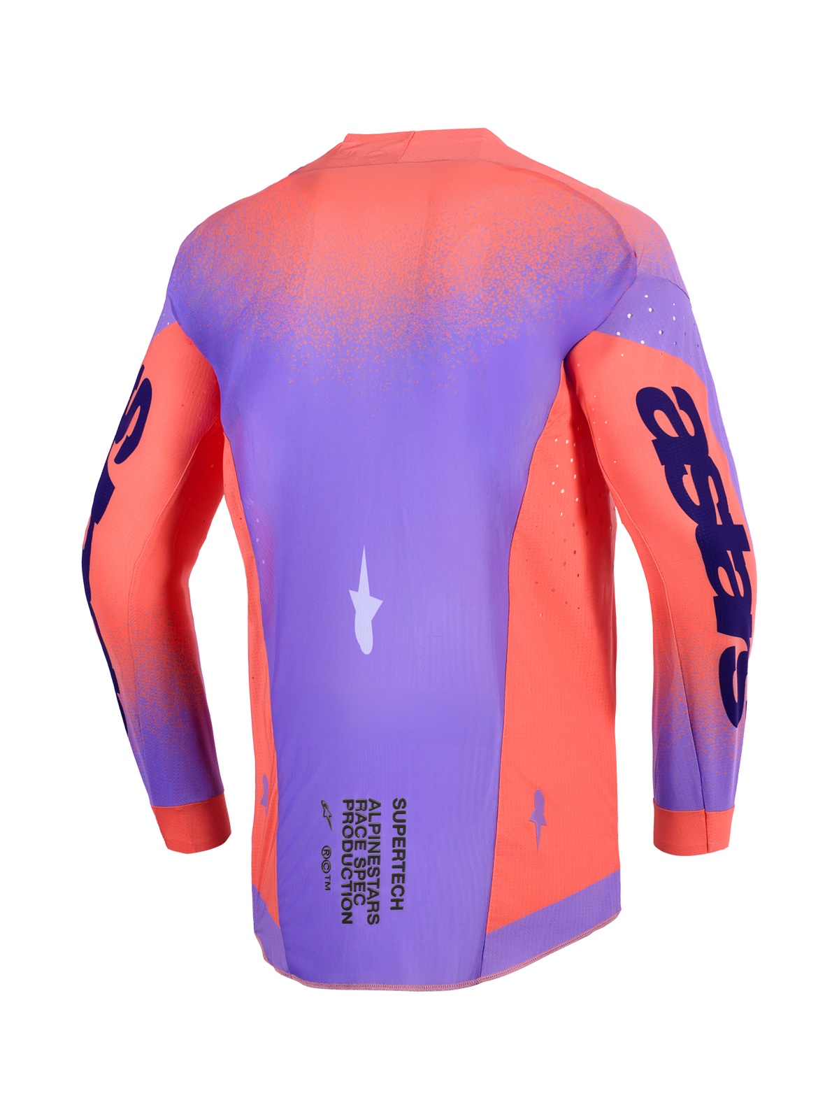 Alpinestars 2026 Supertech Scenz Jersey, motorcross jersey, Hot Coral en paars, achteraanzicht met een lichtgewicht stretch mesh chassis, laser-cut perforaties voor ventilatie en opvallende branding op de mouwen en onderrug.