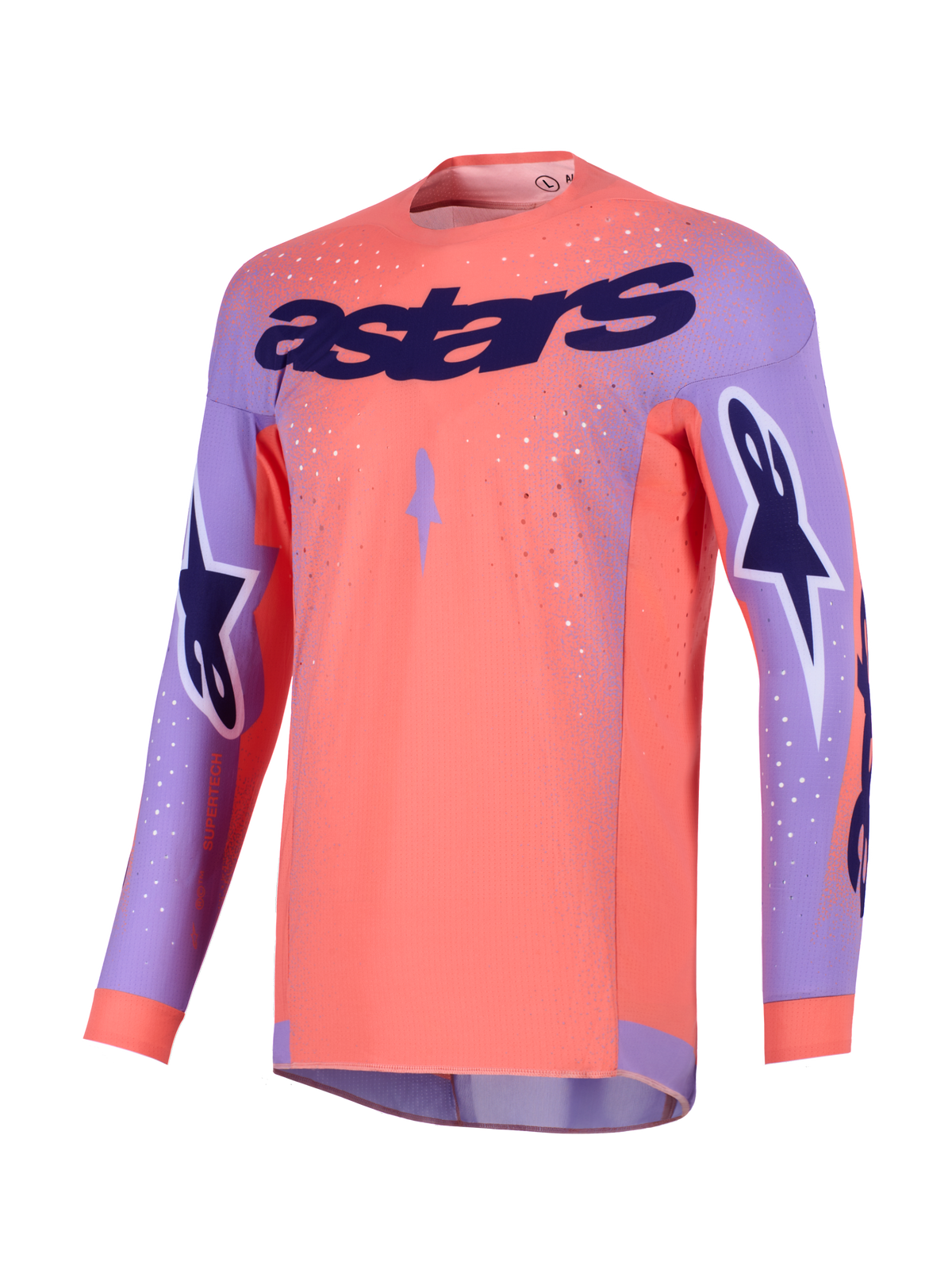 Alpinestars 2026 Supertech Scenz Jersey, motocross shirt, Hot Coral en paars, voorzien van een groot paars 'astars' logo op de borst, sterlogo's op de mouwen en geperforeerde mesh-panelen voor hoogwaardige off-road prestaties.