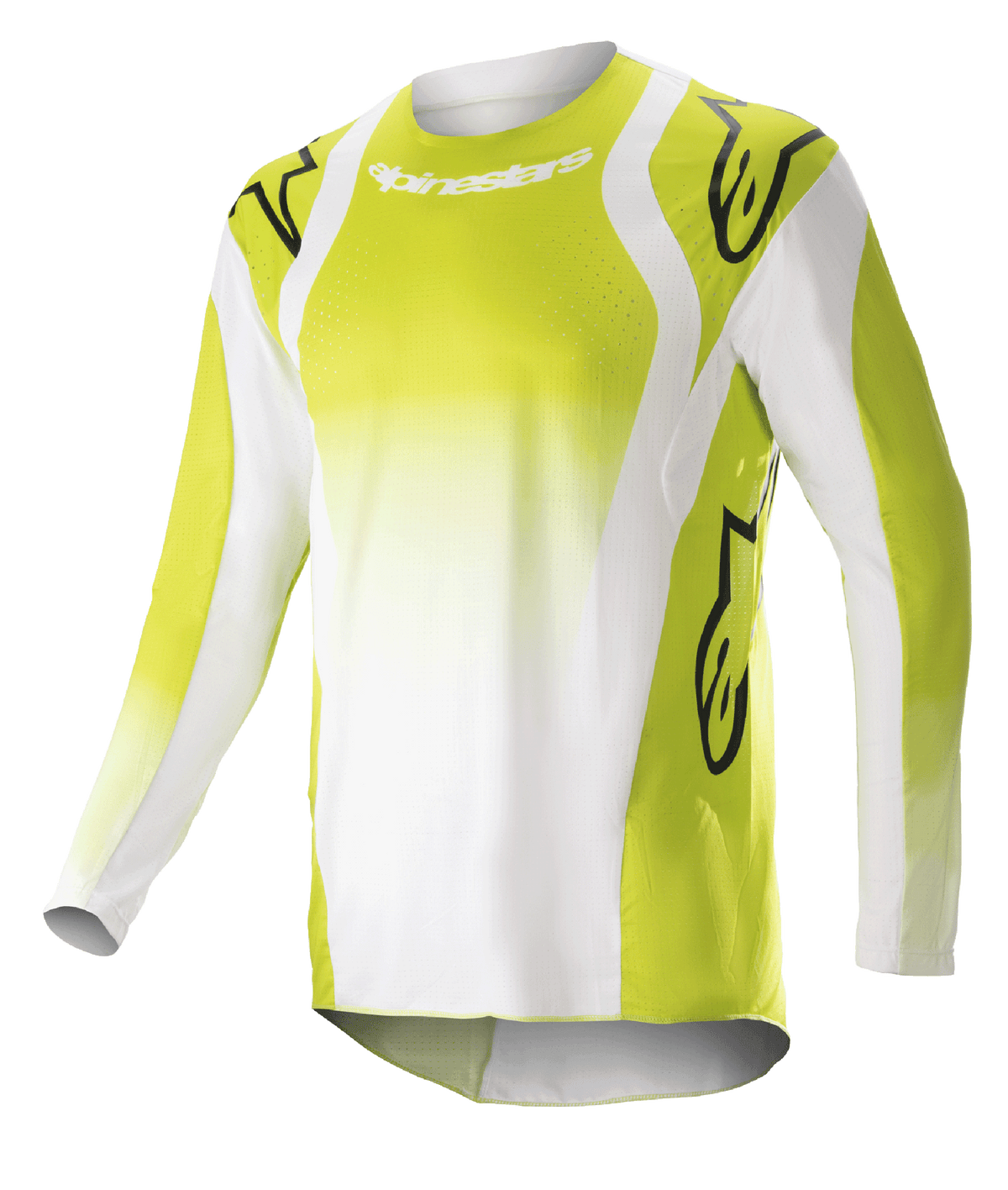 Alpinestars 2023 Techstar Push Jersey, motorcross shirt met lange mouwen, fel geel en wit, voorzien van grote zwarte Astars-logo's op schouders en mouwen, geperforeerde stof, ronde hals en verlengde achterkant voor off-road racen