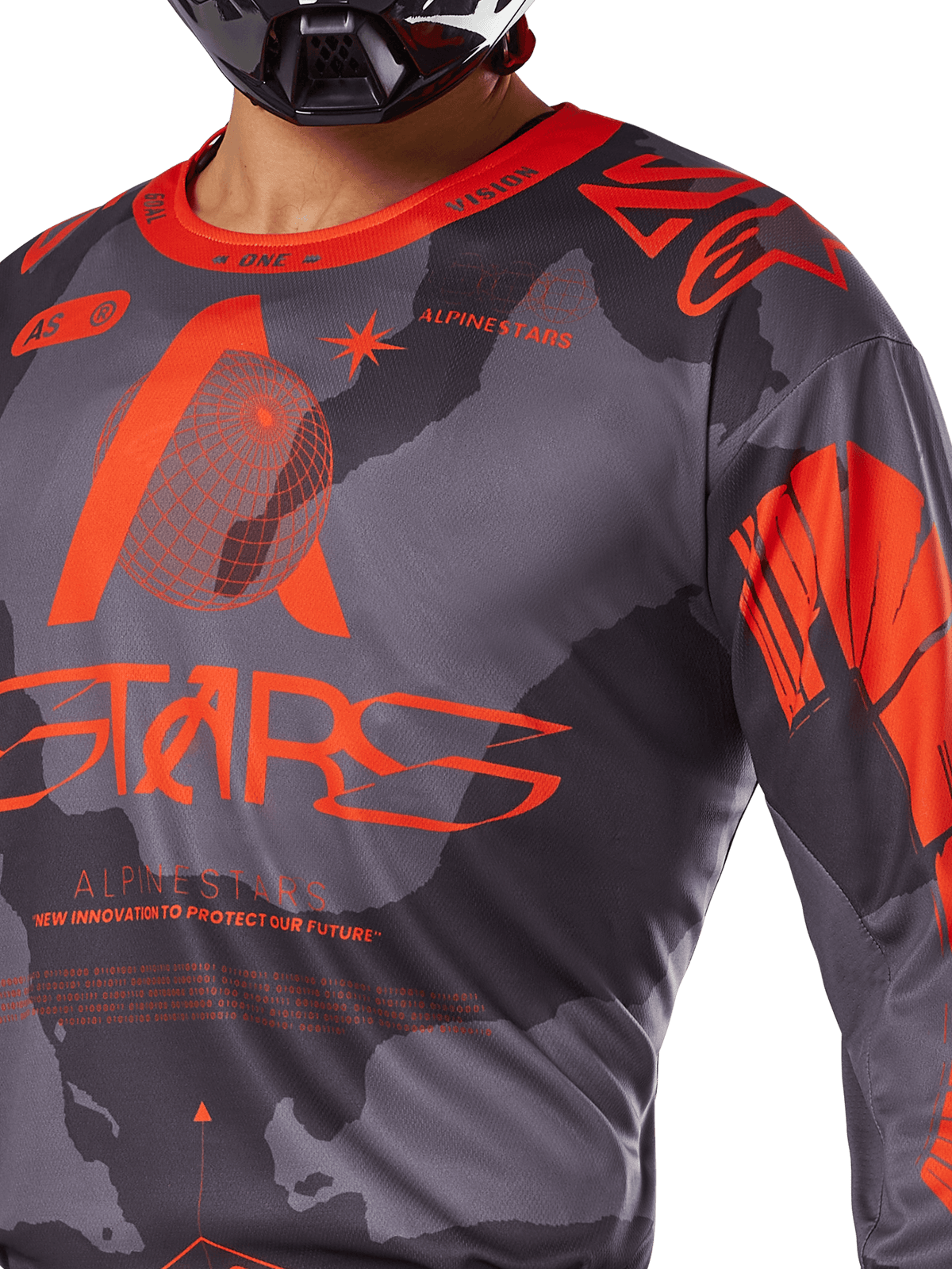 Alpinestars 2025 Racer Hollow Jersey, motorcross shirt, grijs camo en oranje fluo, voorzien van grote oranje Alpinestars-branding en technische graphics, ronde hals, ontworpen voor prestatiegerichte off-road ritten