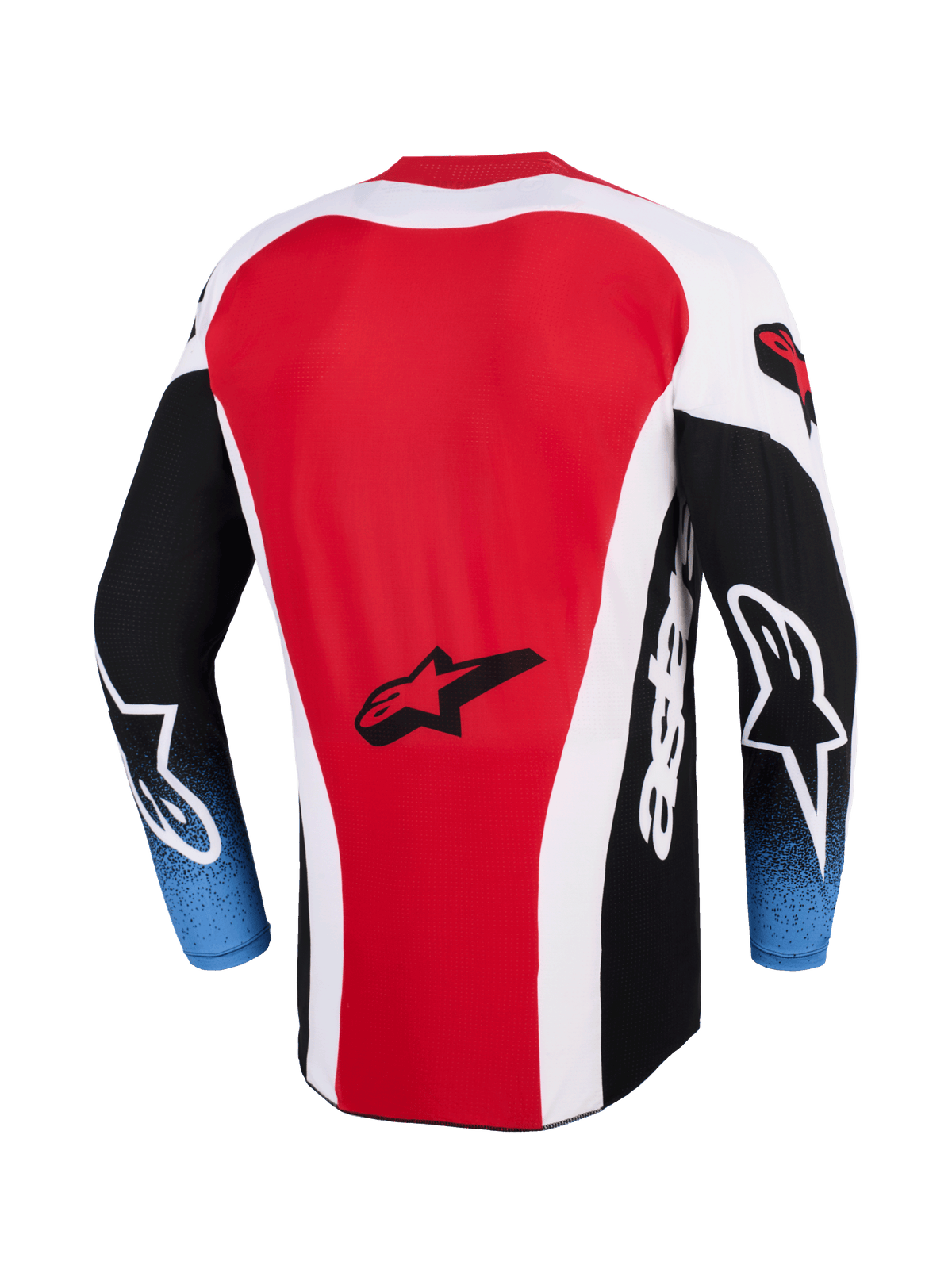 Alpinestars 2026 Techstar Knif Jersey, motocross shirt, rood, wit en zwart met mouwen met blauw kleurverloop, achteraanzicht met Alpinestars sterlogo, verlengde achterkant, atletische racepasvorm voor off-road racing