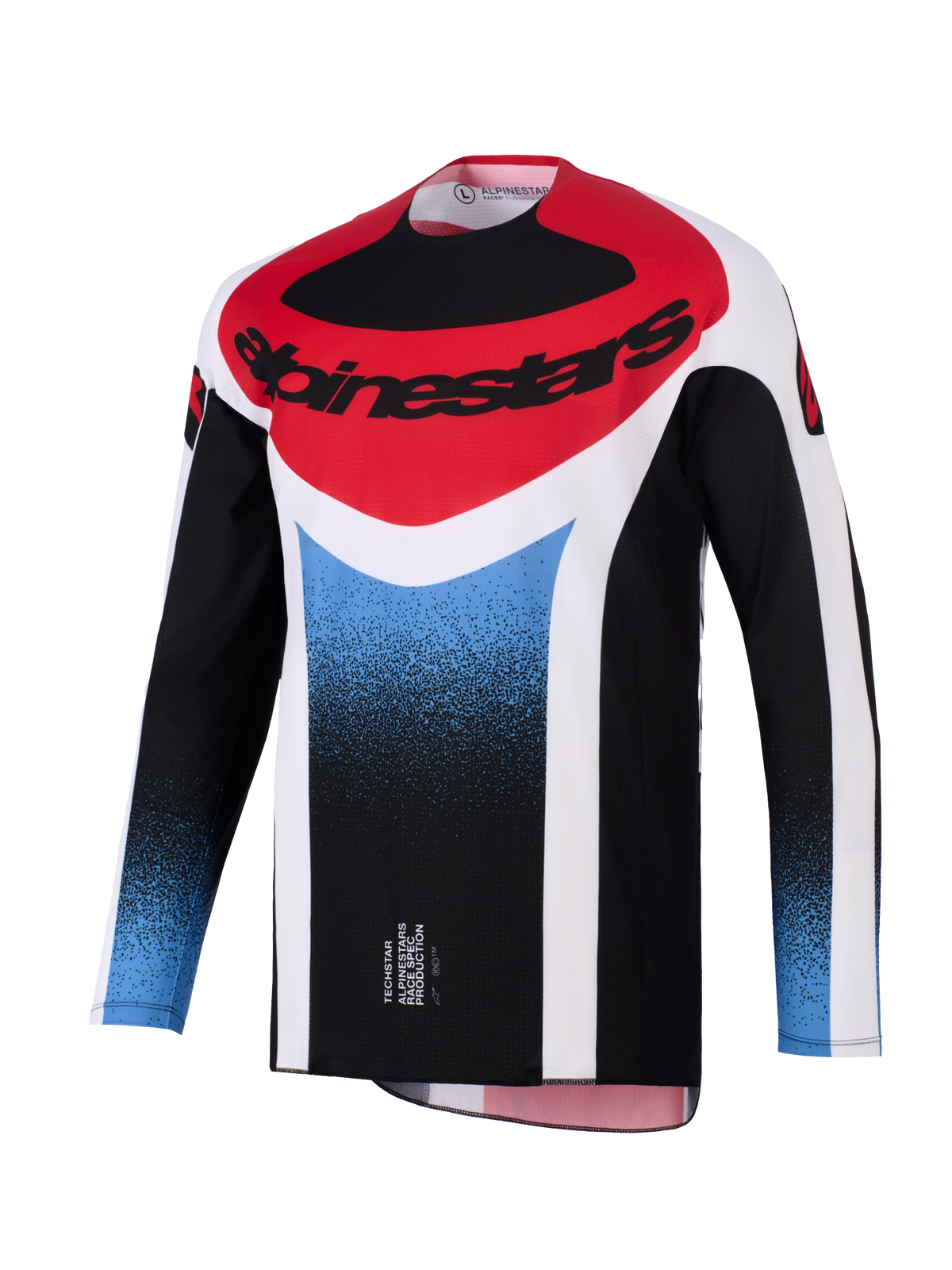 Alpinestars 2026 Techstar Knif Jersey, motorcross jersey, zwart, wit, rood en blauw kleurverloop, atletische racepasvorm, performance kleding met lange mouwen met een opvallend Alpinestars-logo op de borst
