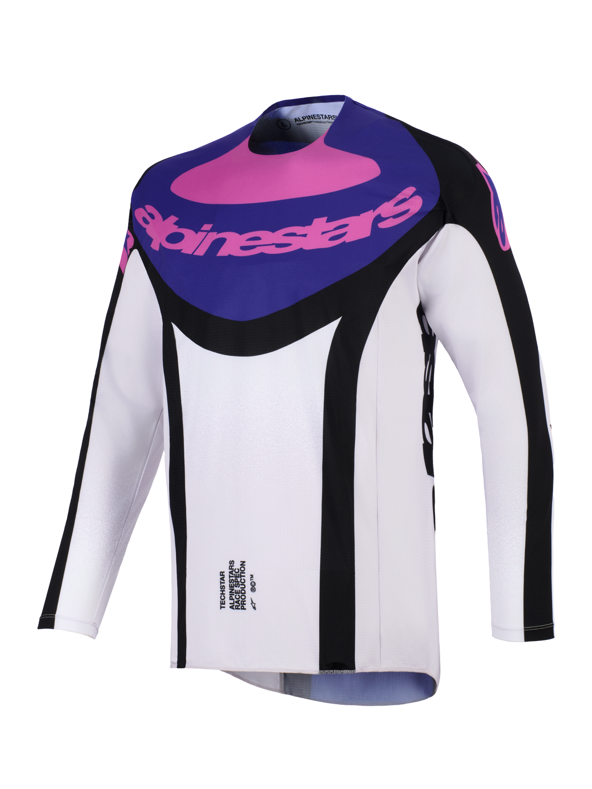 Alpinestars 2026 Techstar Knif Jersey, Motocross Jersey, Black Light Gray and Purple, featuring a purple chest panel with pink Alpinestars branding, black side accents, and lightweight moisture-wicking fabric for off-road performance.