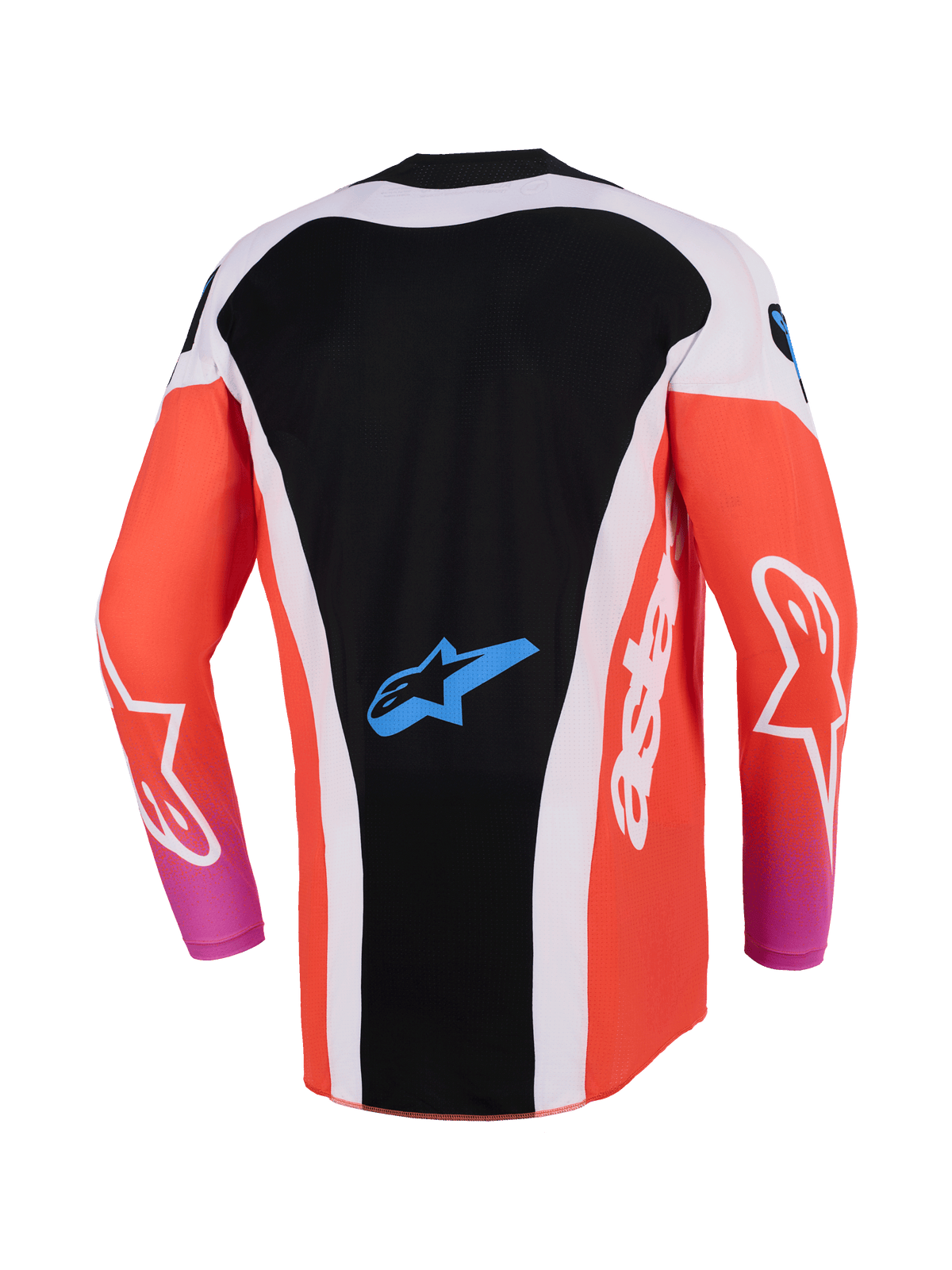 Alpinestars 2026 Techstar Knif Jersey, motocross shirt, zwart en oranje fluo, achteraanzicht met verlengde achterkant, witte zijpanelen, blauw Astar-logo op de onderrug, lange mouwen, hoogwaardige racekleding