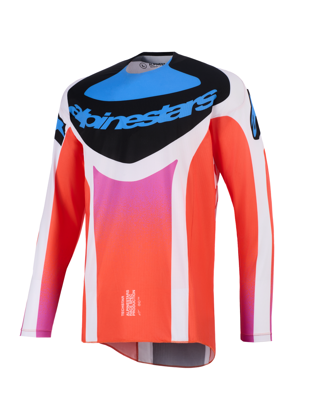 Alpinestars 2026 Techstar Knif Jersey, motorcross shirt, wit en oranje met blauwe en roze accenten, zwart borstpaneel met Alpinestars-logo, technische racekleding met lange mouwen voor off-road prestaties