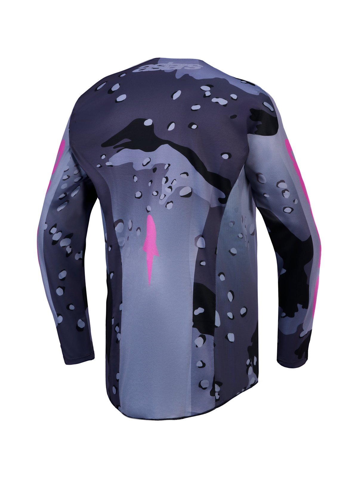 Alpinestars Racer Lone jersey, heren-motocrossjersey in grijs en paars camo, achteraanzicht met vochtregulerend polyfabric.