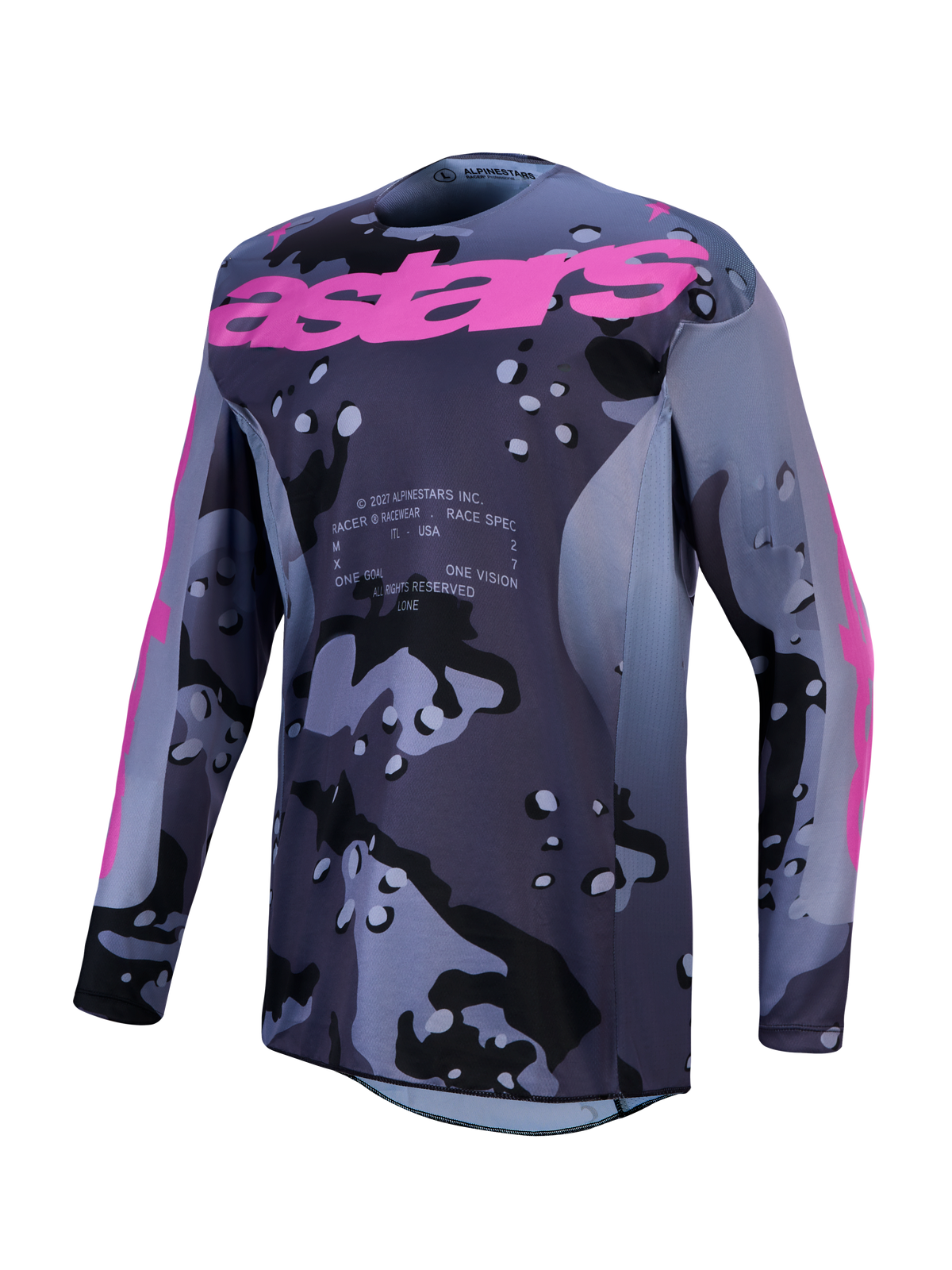 Alpinestars Racer Lone jersey, heren-motorcrossjersey, grijs camo en paars, vochtafvoerend polyfabric.