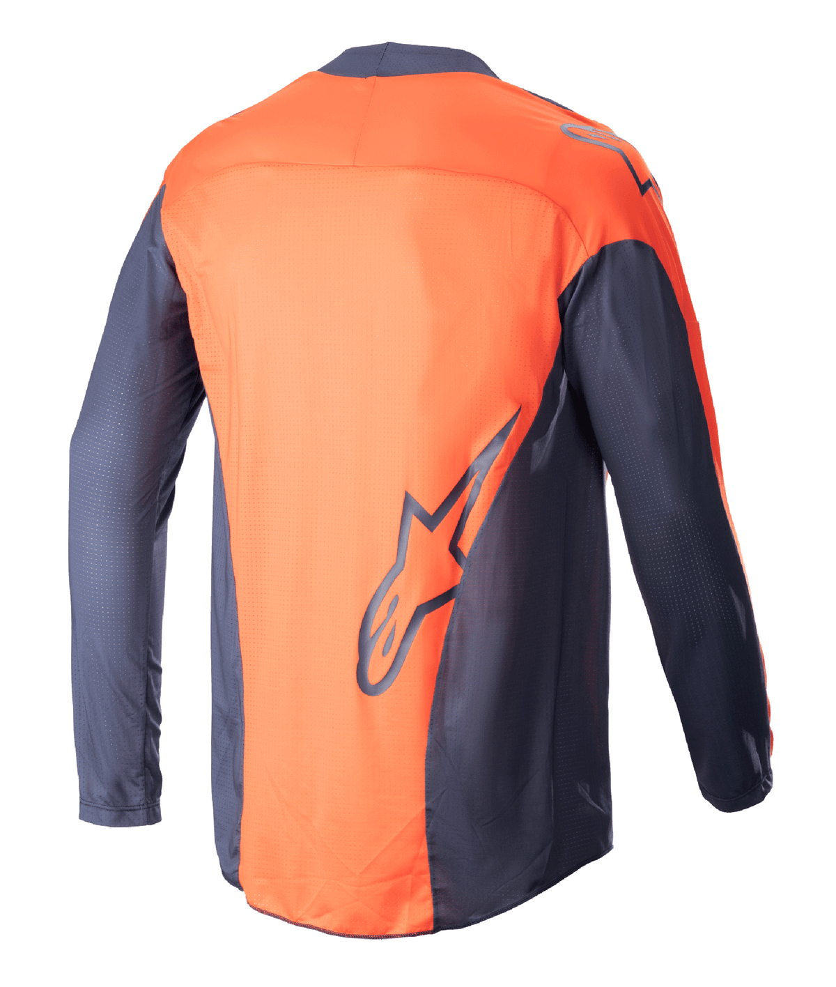 Alpinestars 2023 Techstar Arch Jersey, motorcross jersey, Night Navy en Hot Orange, achteraanzicht, lichtgewicht mesh-constructie, groot navy Alpinestars-logo op de onderrug, verlengde achterzijde voor betere bedekking in rijpositie