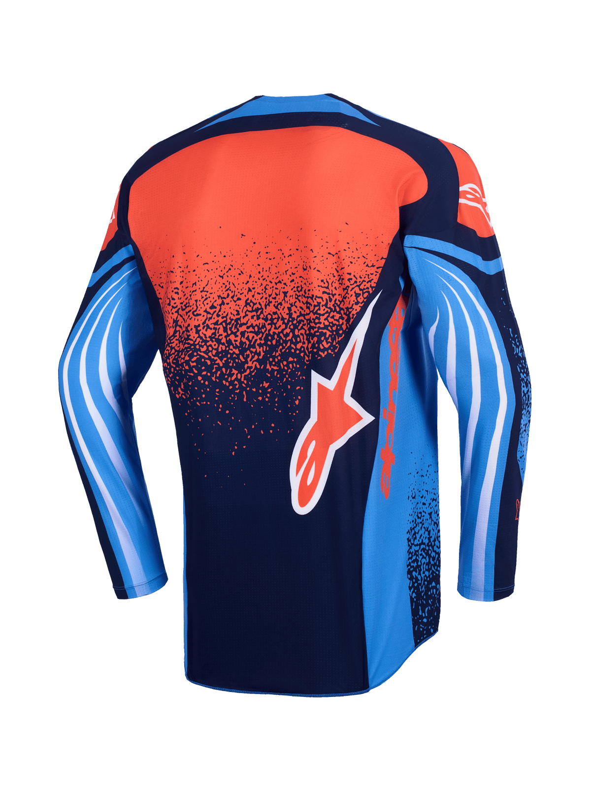 Alpinestars 2026 Techstar Nomur Jersey, motocross jersey, achteraanzicht, donkerblauw, oranje en UCLA-blauw, met een gespikkeld oranje kleurverloop op de rug, blauwe mouwen met witte golfachtige graphics en een oranje Alpinestars-logo op de onderrug.
