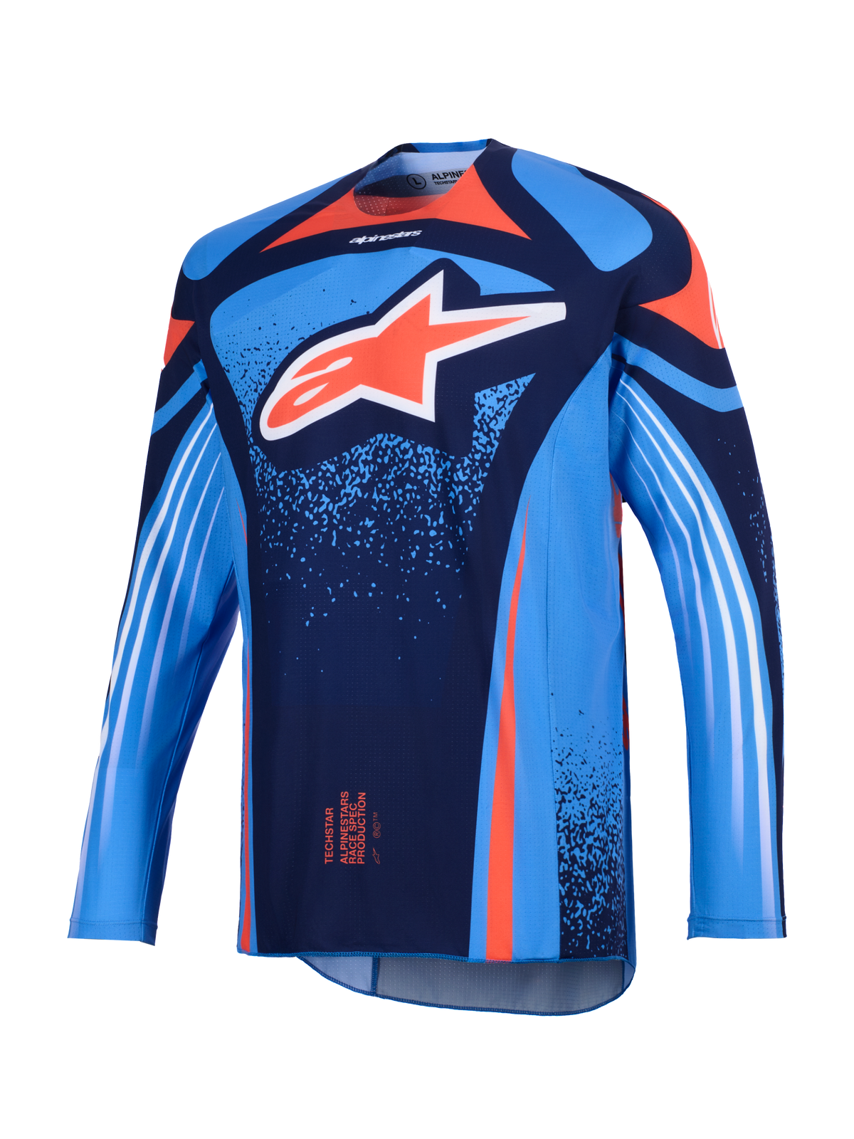 Alpinestars 2026 Techstar Nomur Jersey, motocross shirt, donkerblauw en UCLA-blauw met oranje accenten, groot wit Astars-logo op de borst en witte diagonale strepen op de lange mouwen, lichtgewicht atletische racepasvorm voor off-road prestaties