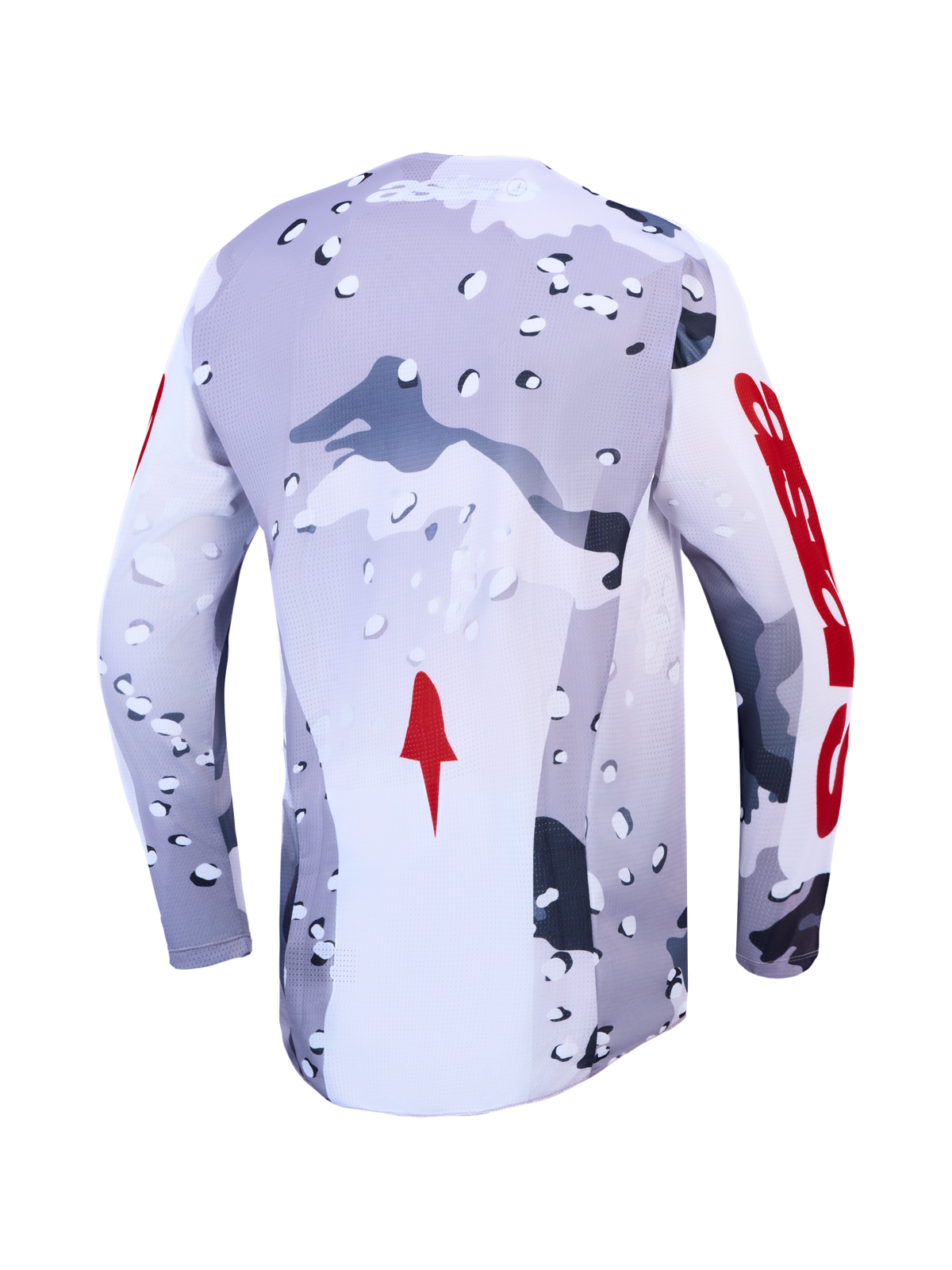 Alpinestars Racer Air Lone jersey, motocrossjersey, achterkant, grijs en wit camo met rode accenten, lichtgewicht geventileerd mesh voor off-road prestaties.