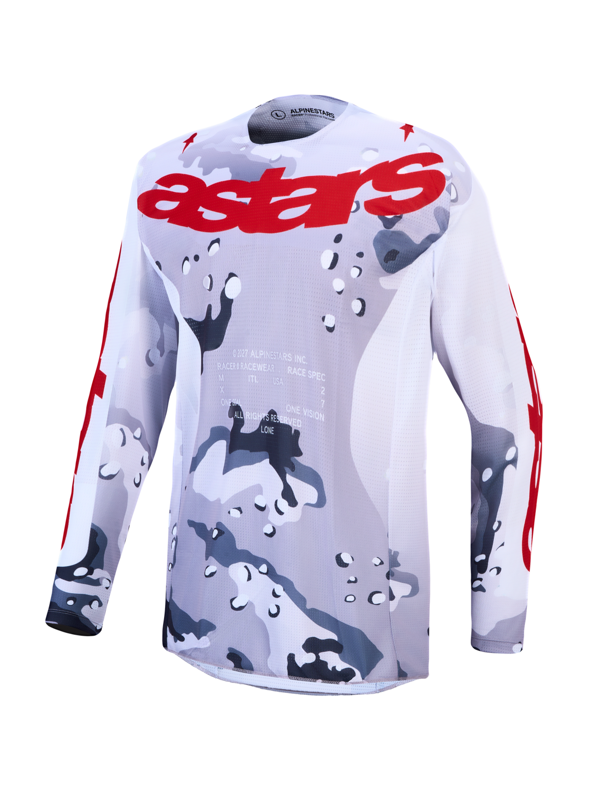 Alpinestars Racer Air Lone jersey, grijs camo-ontwerp met rode details en geventileerd mesh voor off-road prestaties.