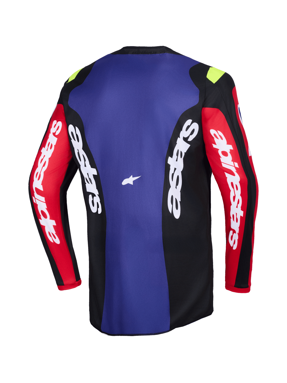 Alpinestars 2026 Fluid Grid Jersey, achteraanzicht, motorcross jersey in rood, zwart en paars, met witte Alpinestars-branding op de mouwen en zijpanelen, kleine neongele accenten op de schouders, technische vochtafvoerende off-road kleding