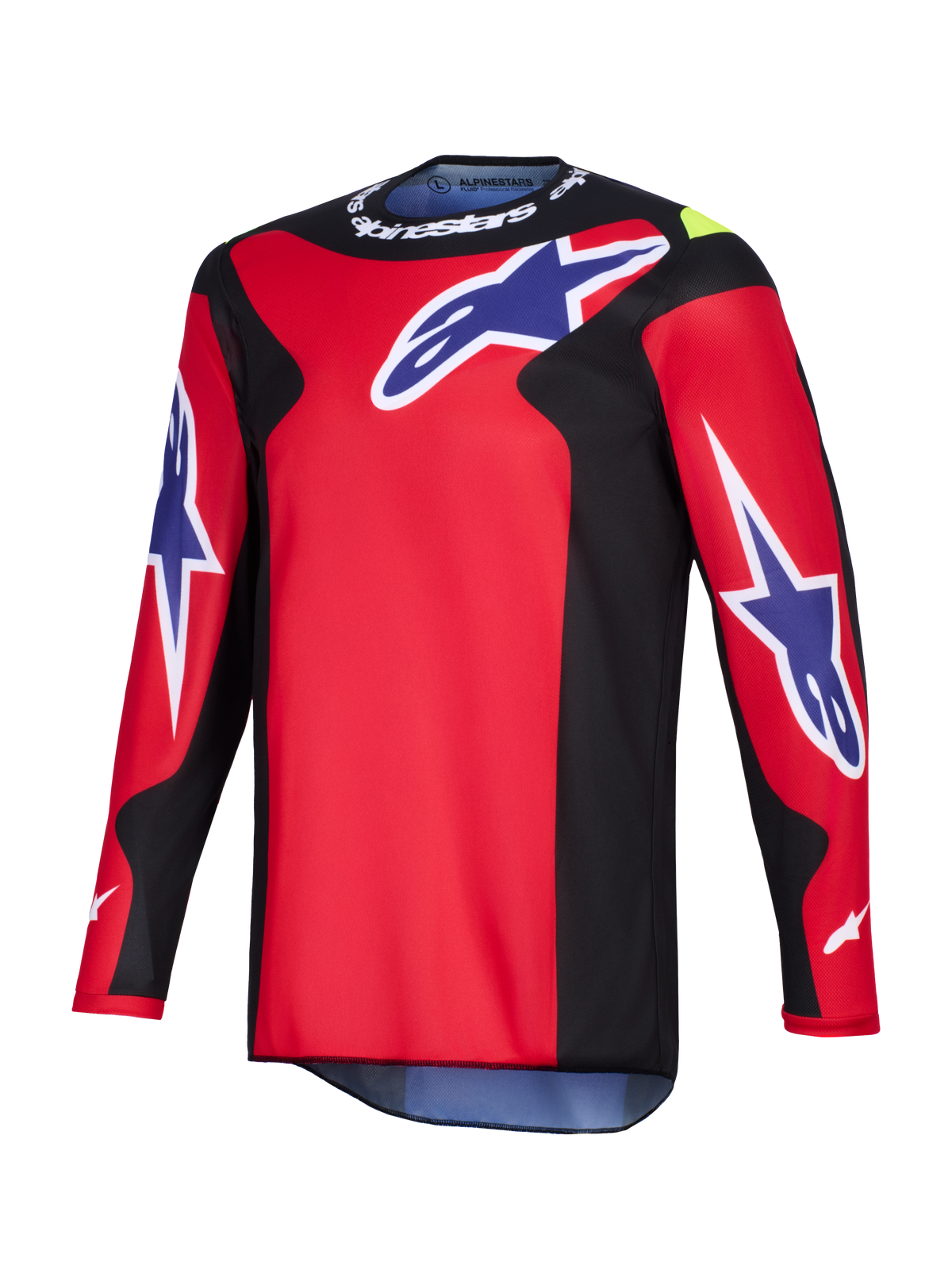 Alpinestars 2026 Fluid Grid Jersey, motorcross jersey, rood, zwart en paars, met grote paarse Astars-logo's op de borst en mouwen, zwarte zijpanelen en witte Alpinestars-branding op de kraag, hoogwaardige polyfabric constructie